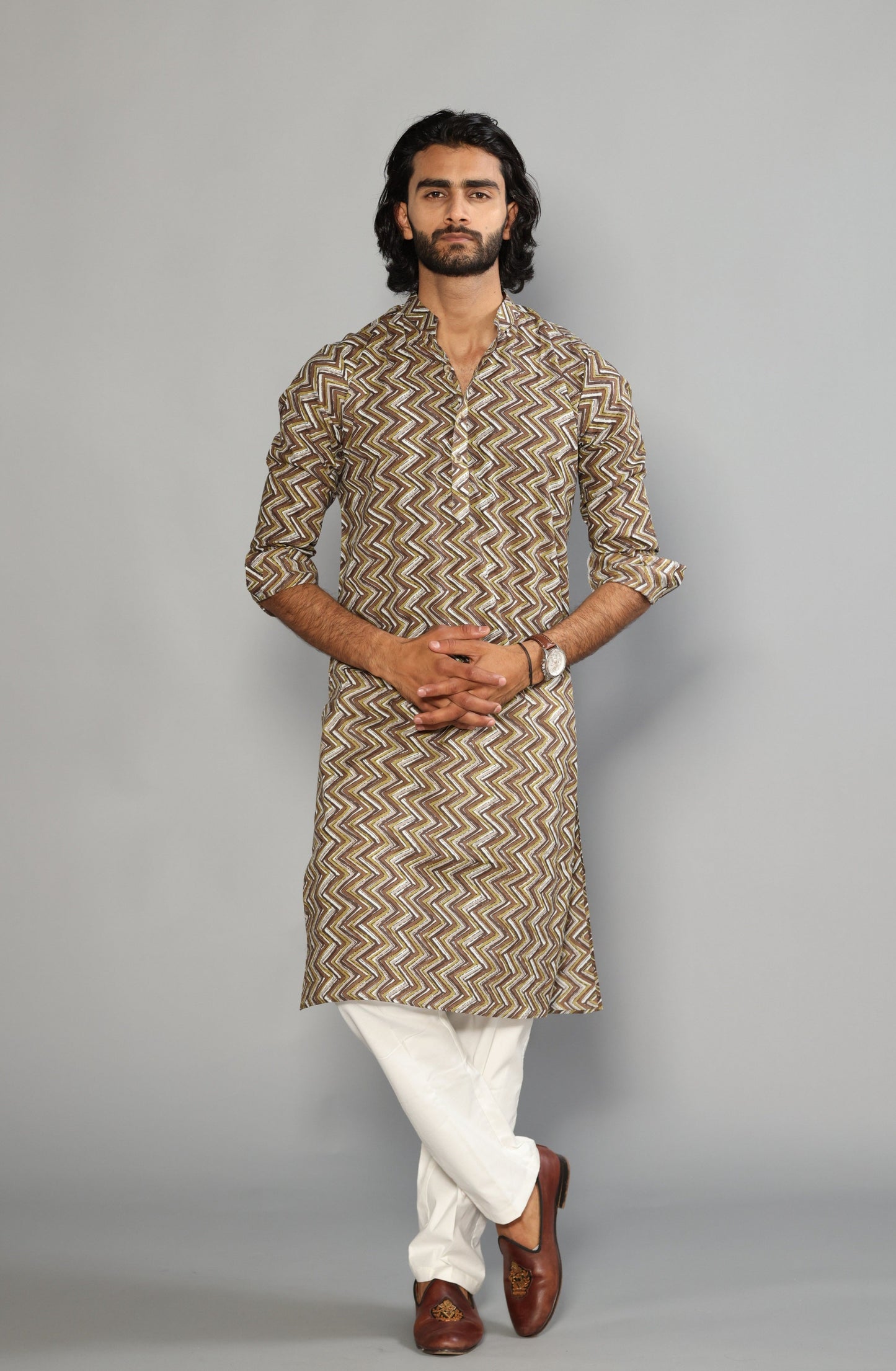 Cedar Brown Zigzag Printed Sanganeri Kurta Pyjama Set