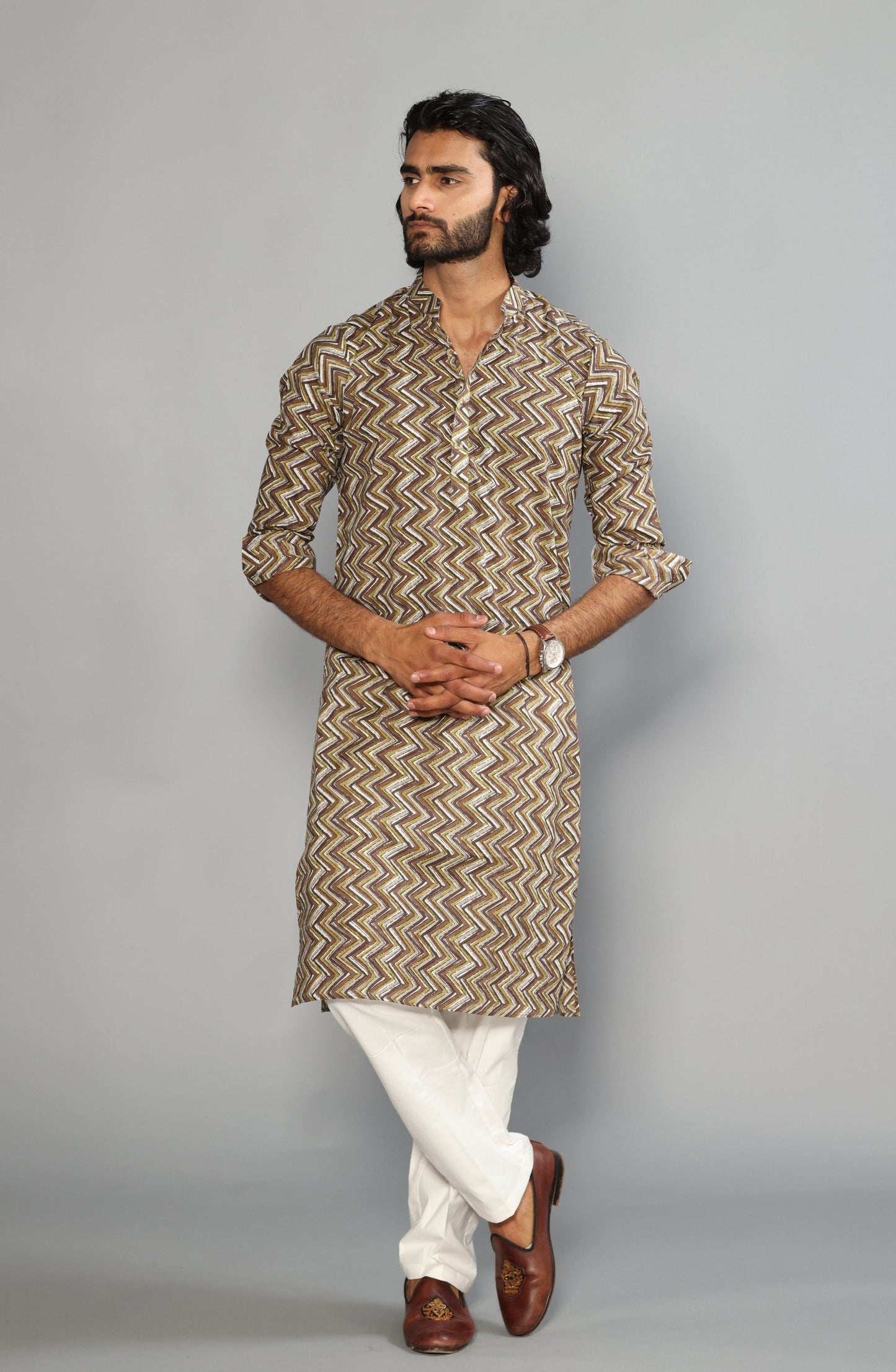 Cedar Brown Zigzag Printed Sanganeri Kurta Pyjama Set