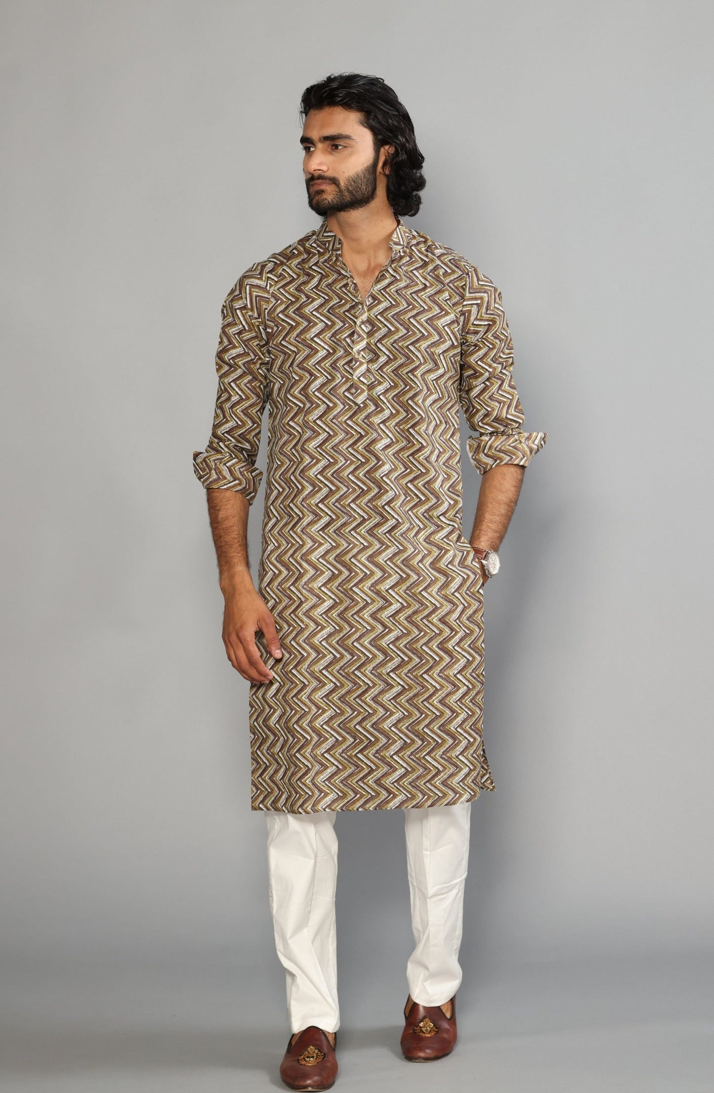 Cedar Brown Zigzag Printed Sanganeri Kurta Pyjama Set