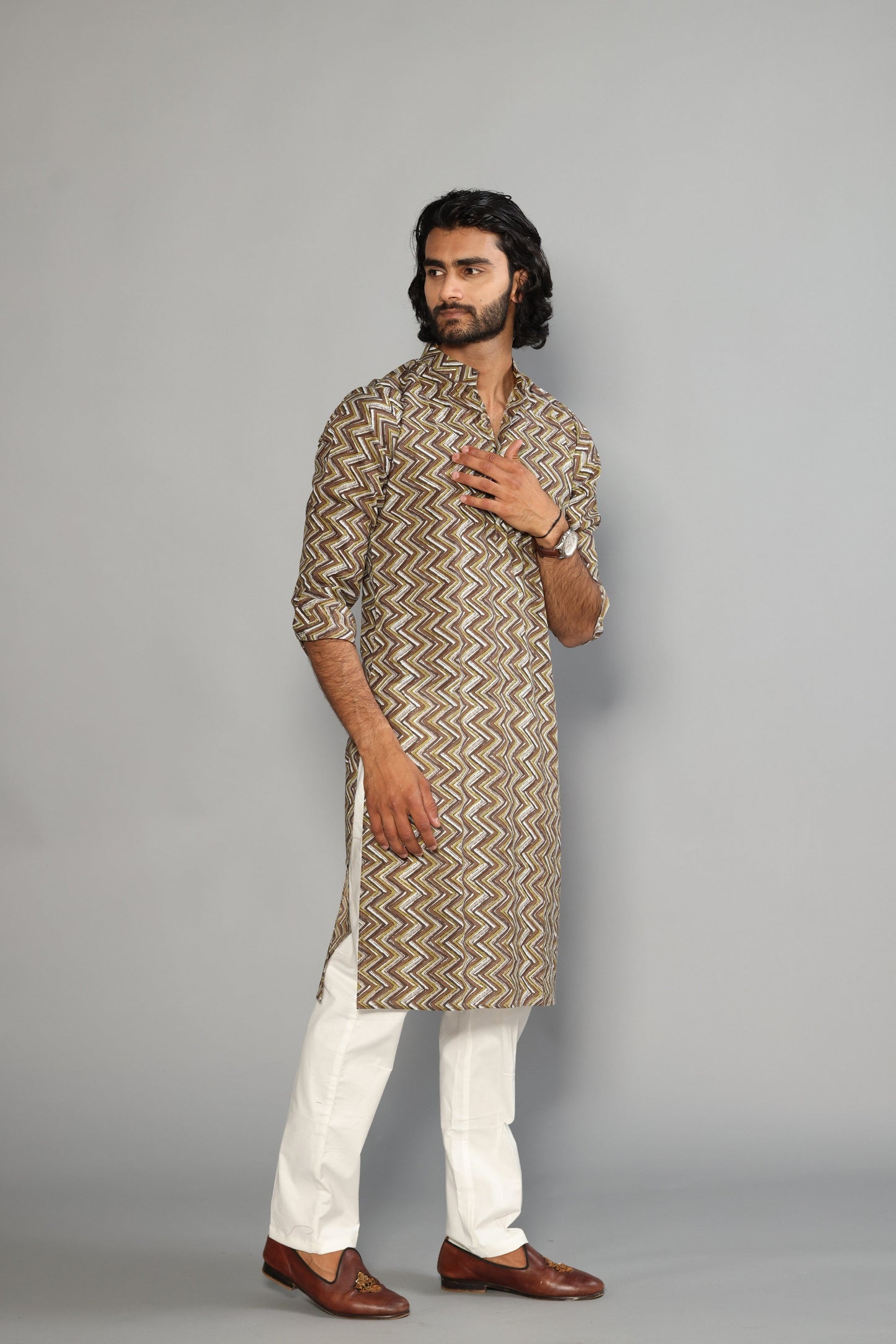 Cedar Brown Zigzag Printed Sanganeri Kurta Pyjama Set