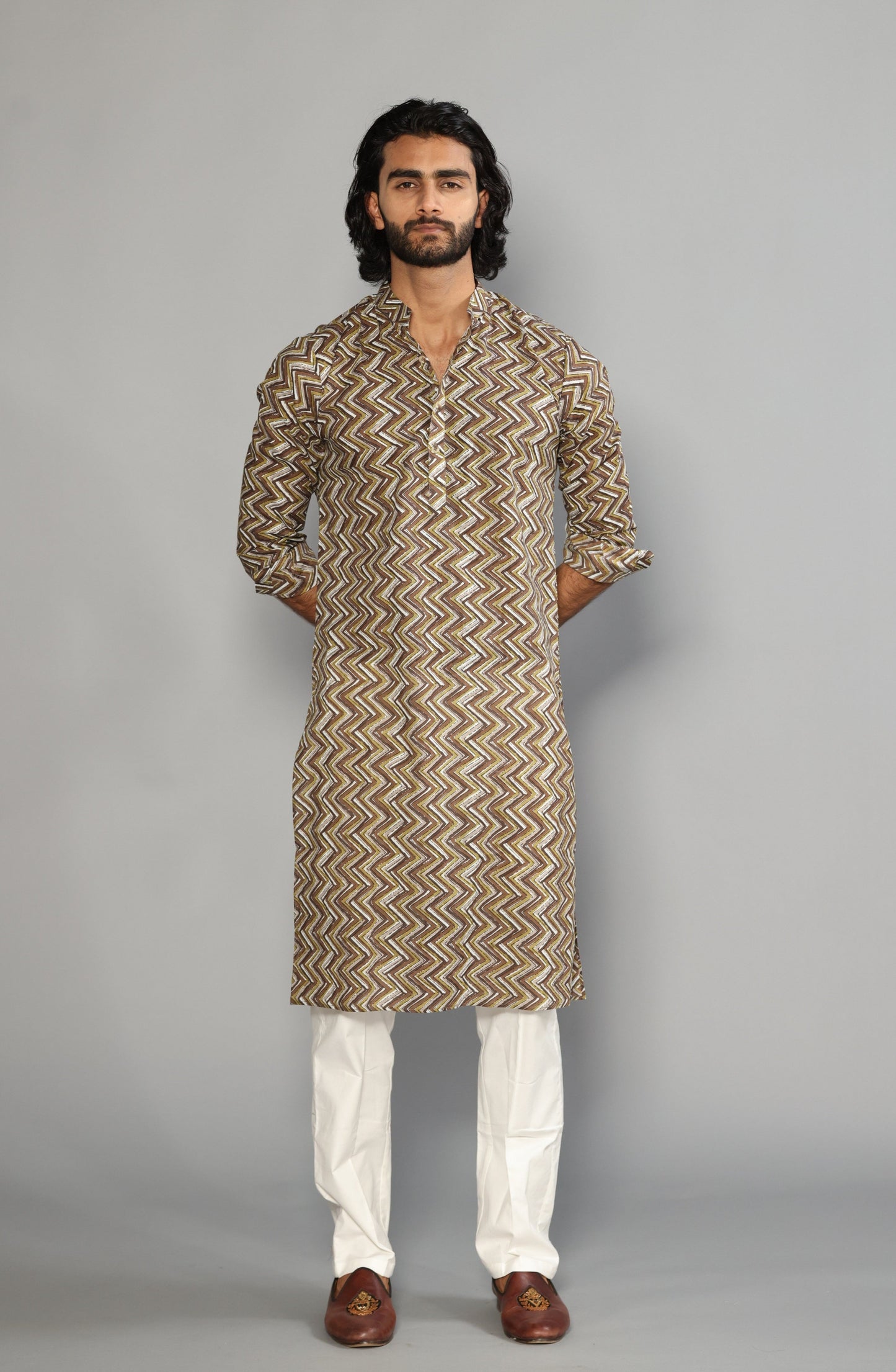Cedar Brown Zigzag Printed Sanganeri Kurta Pyjama Set