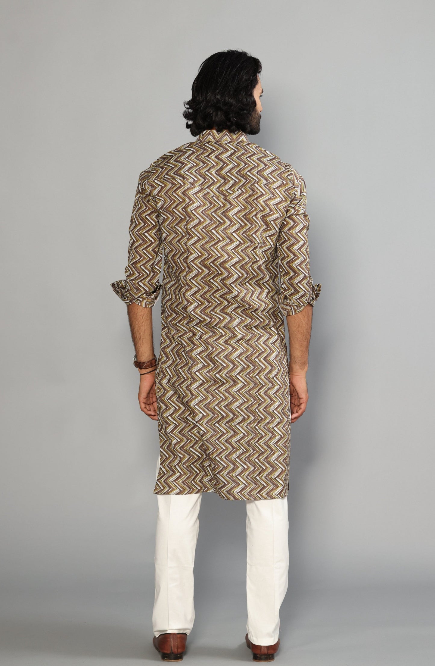 Cedar Brown Zigzag Printed Sanganeri Kurta Pyjama Set