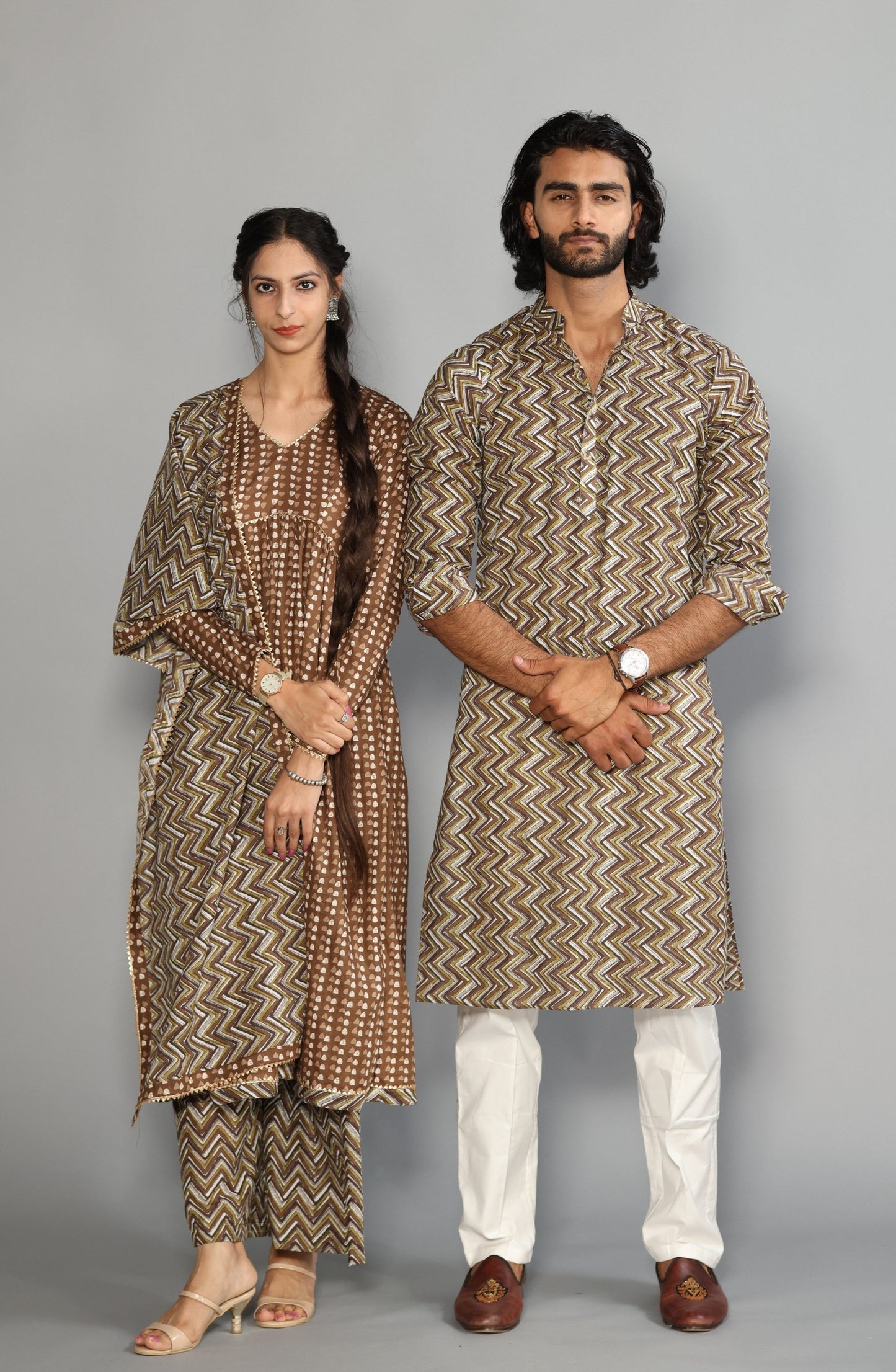 Cedar Brown Zigzag Printed Sanganeri Kurta Pyjama Set