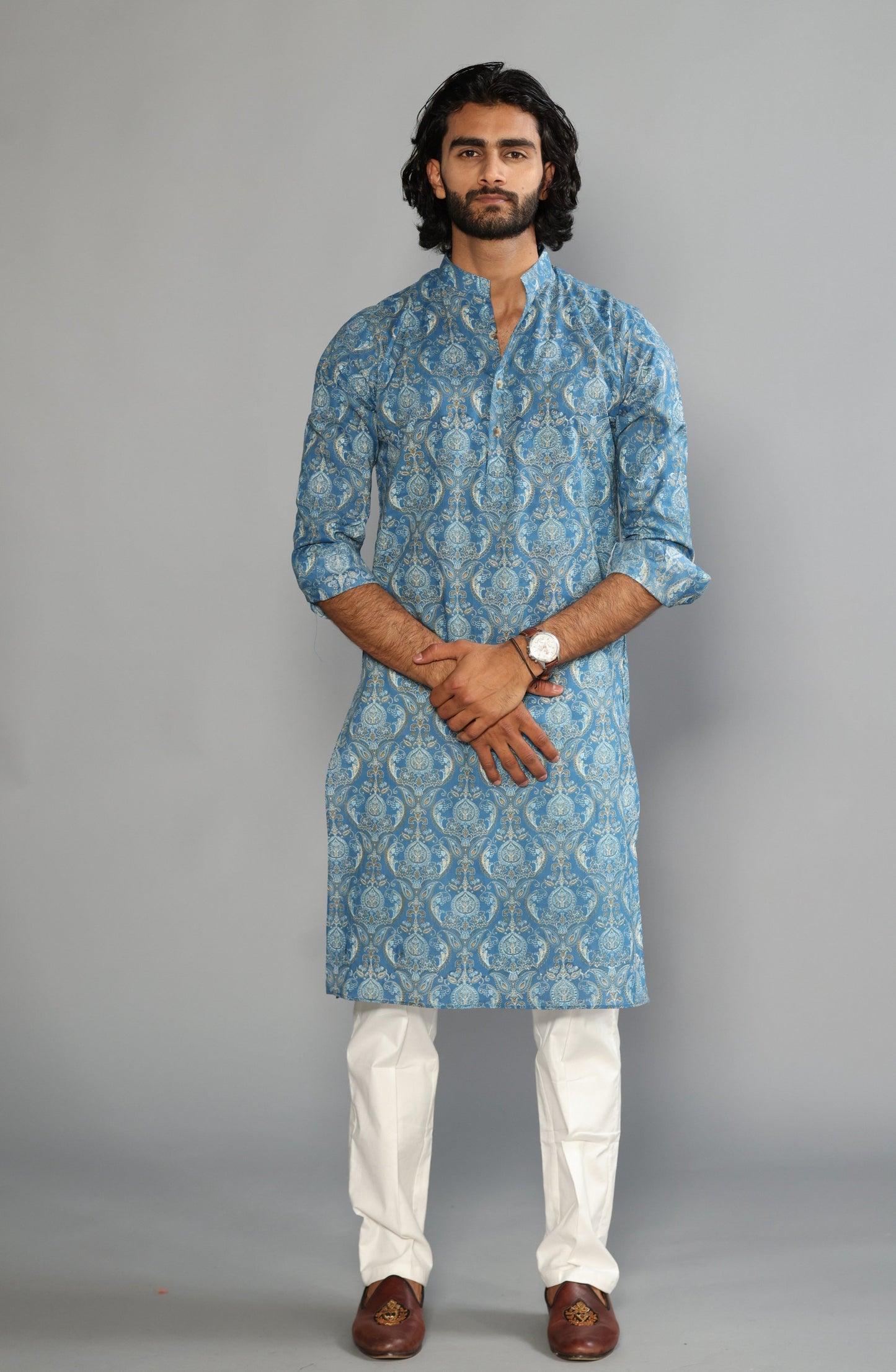 Sanganeri Damask Printed Steel Blue Color Kurta With White Pyjama