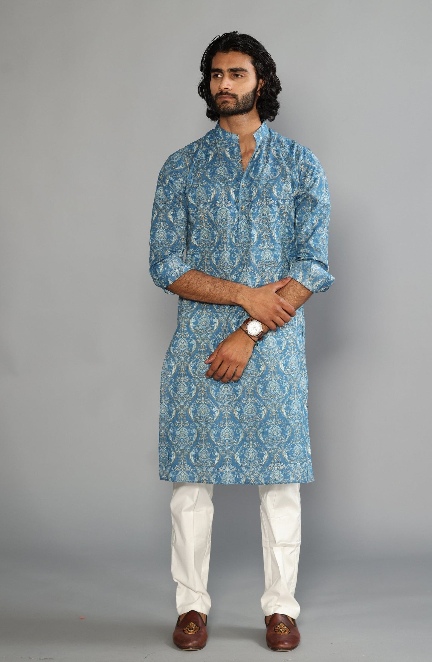 Sanganeri Damask Printed Steel Blue Color Kurta With White Pyjama