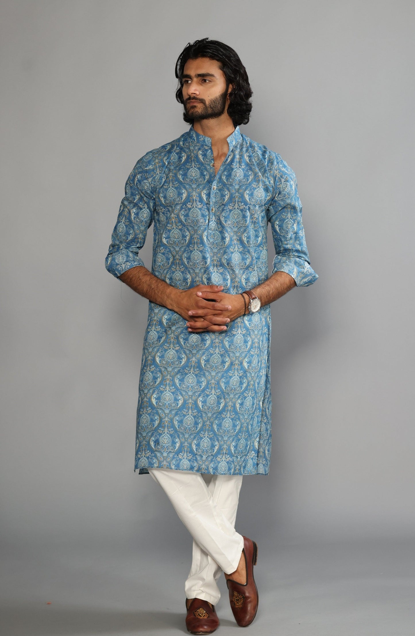 Sanganeri Damask Printed Steel Blue Color Kurta With White Pyjama
