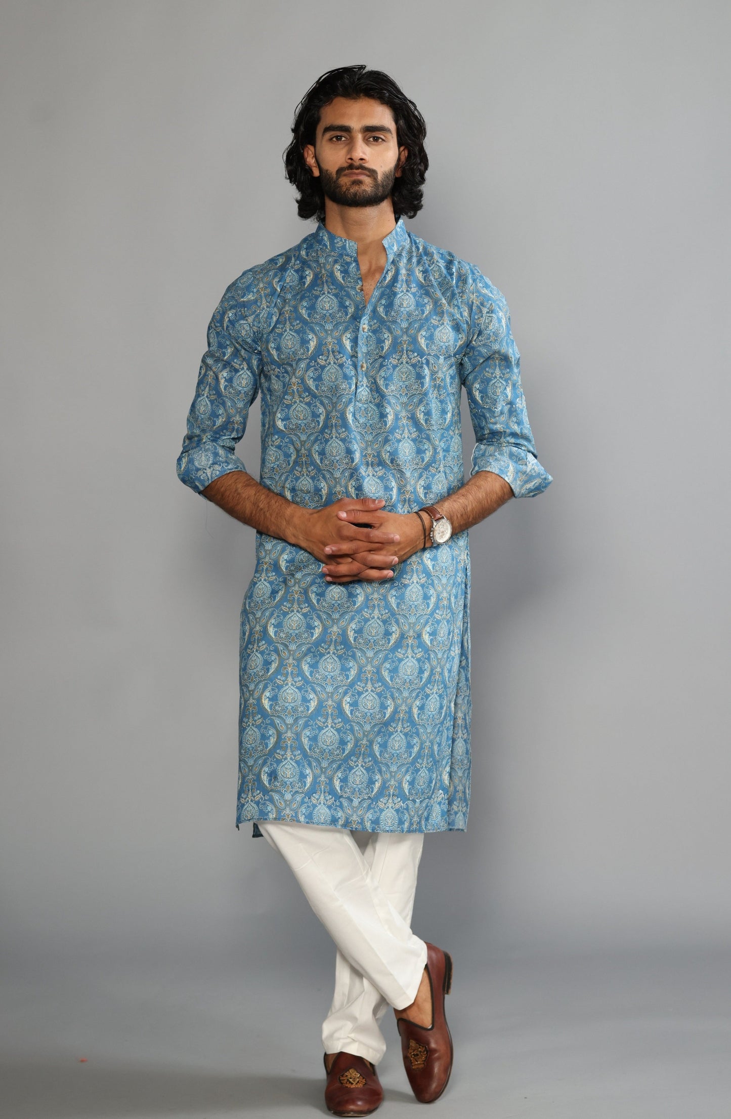 Sanganeri Damask Printed Steel Blue Color Kurta With White Pyjama