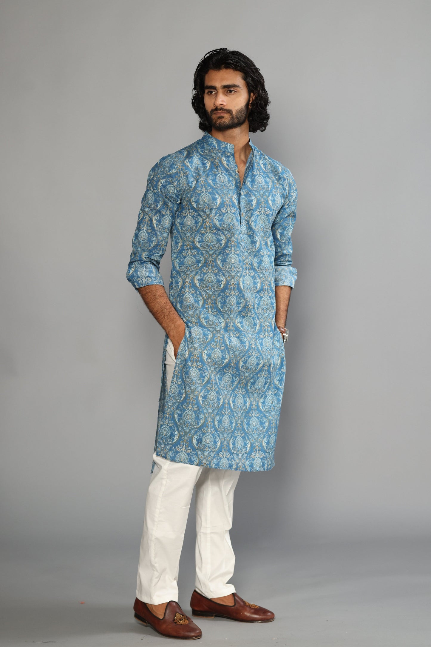 Sanganeri Damask Printed Steel Blue Color Kurta With White Pyjama