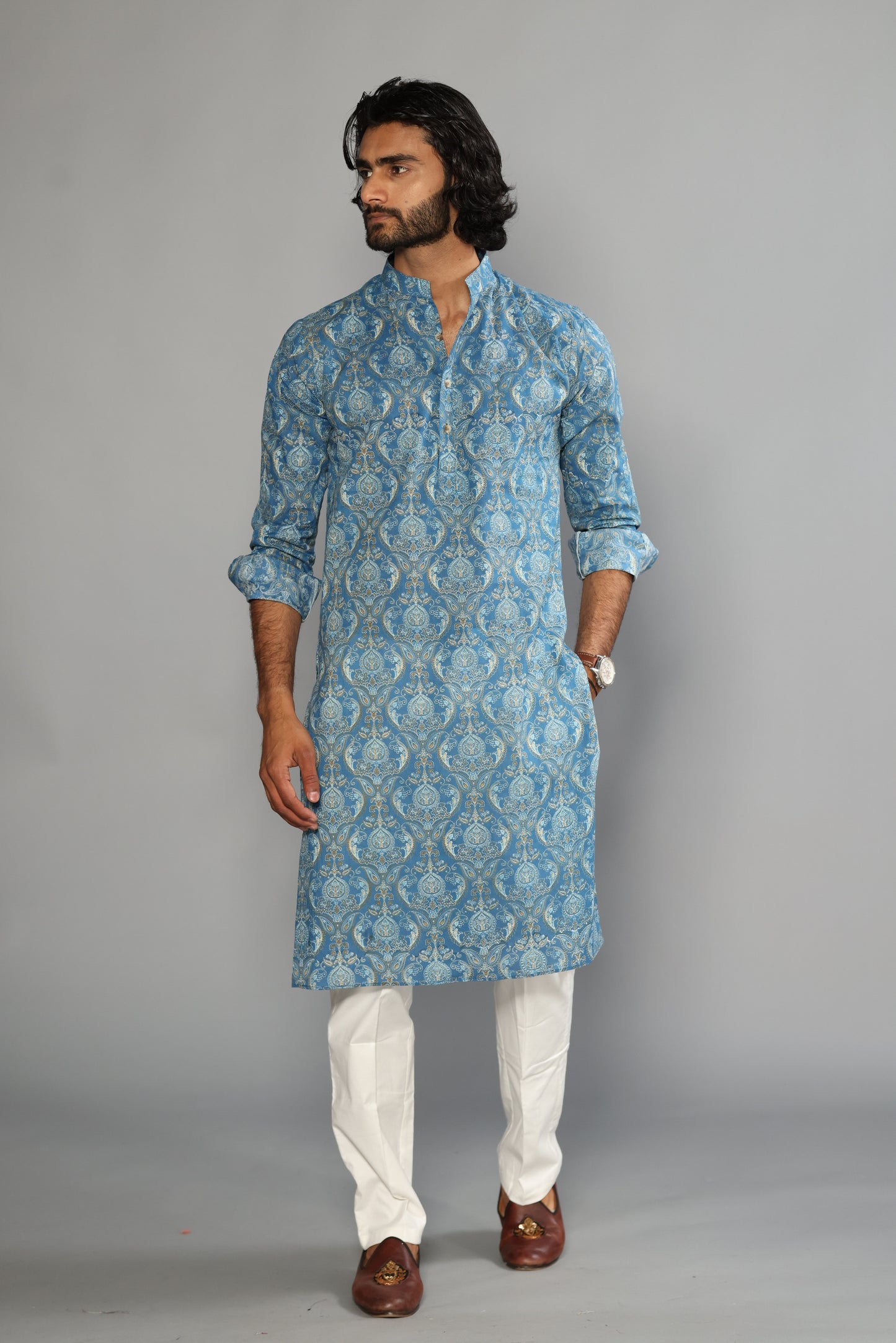 Sanganeri Damask Printed Steel Blue Color Kurta With White Pyjama