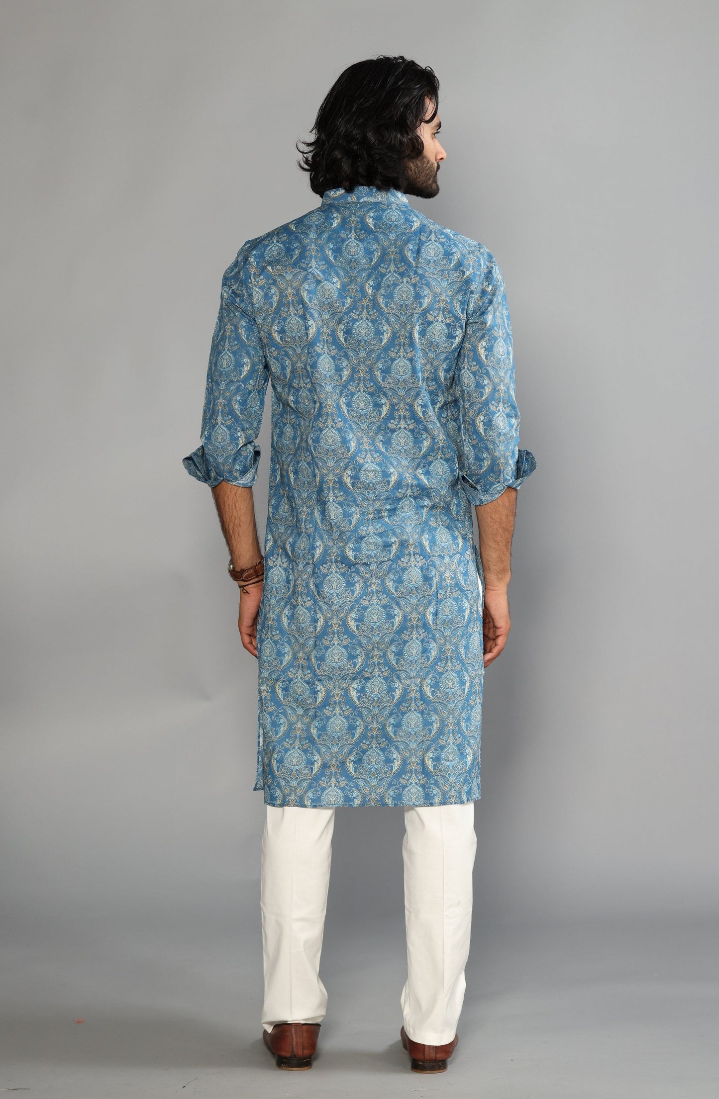 Sanganeri Damask Printed Steel Blue Color Kurta With White Pyjama