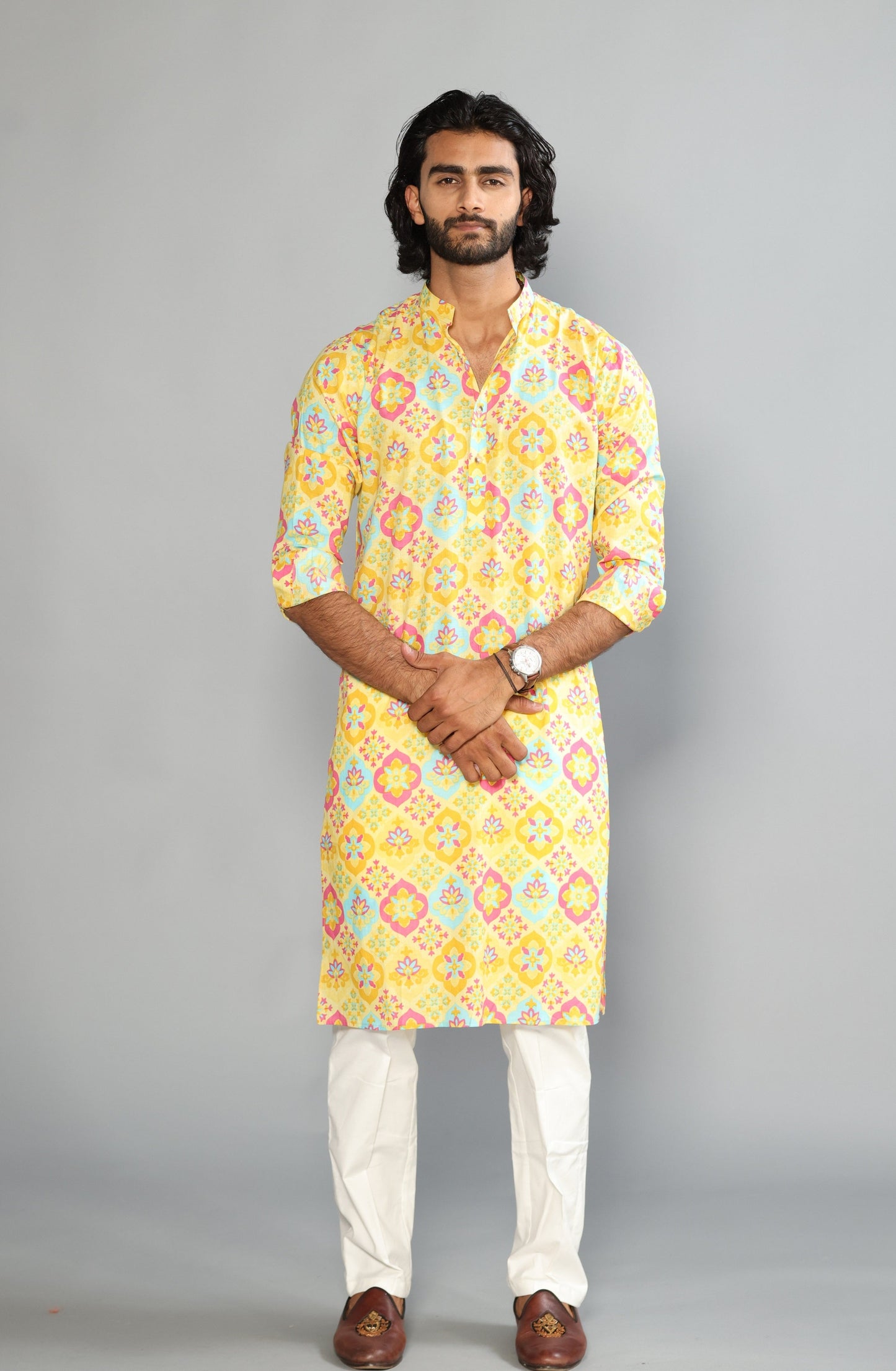 Minion Yellow Sanganeri Baraque Printed Kurta With White Pyjama