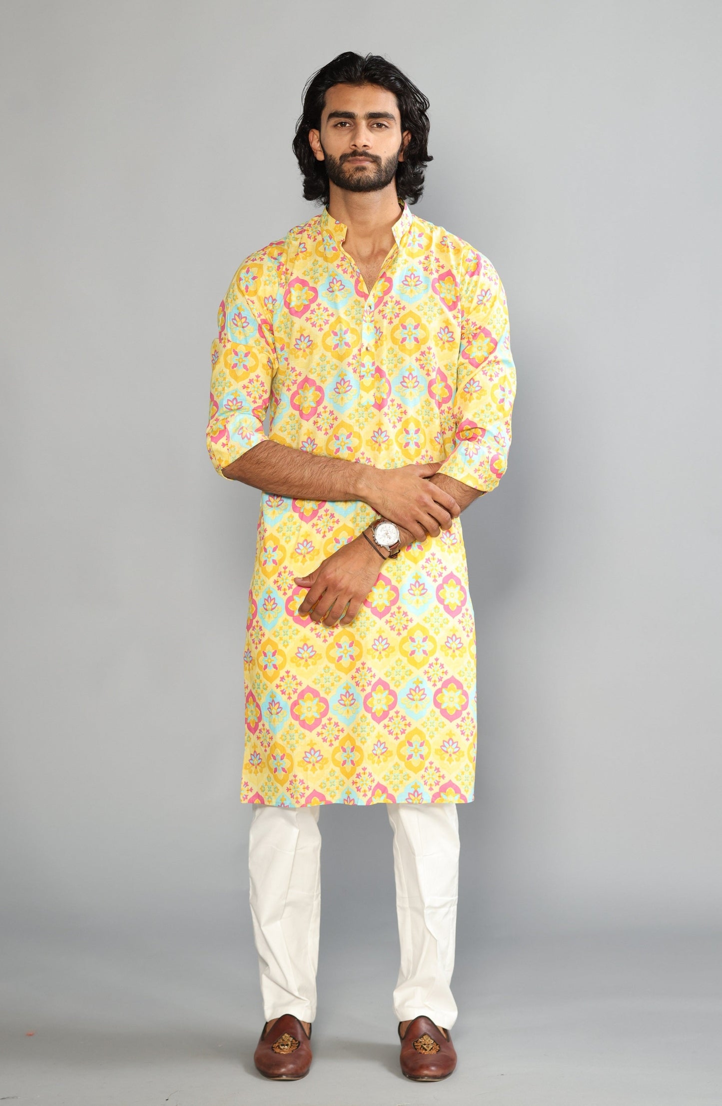 Minion Yellow Sanganeri Baraque Printed Kurta With White Pyjama