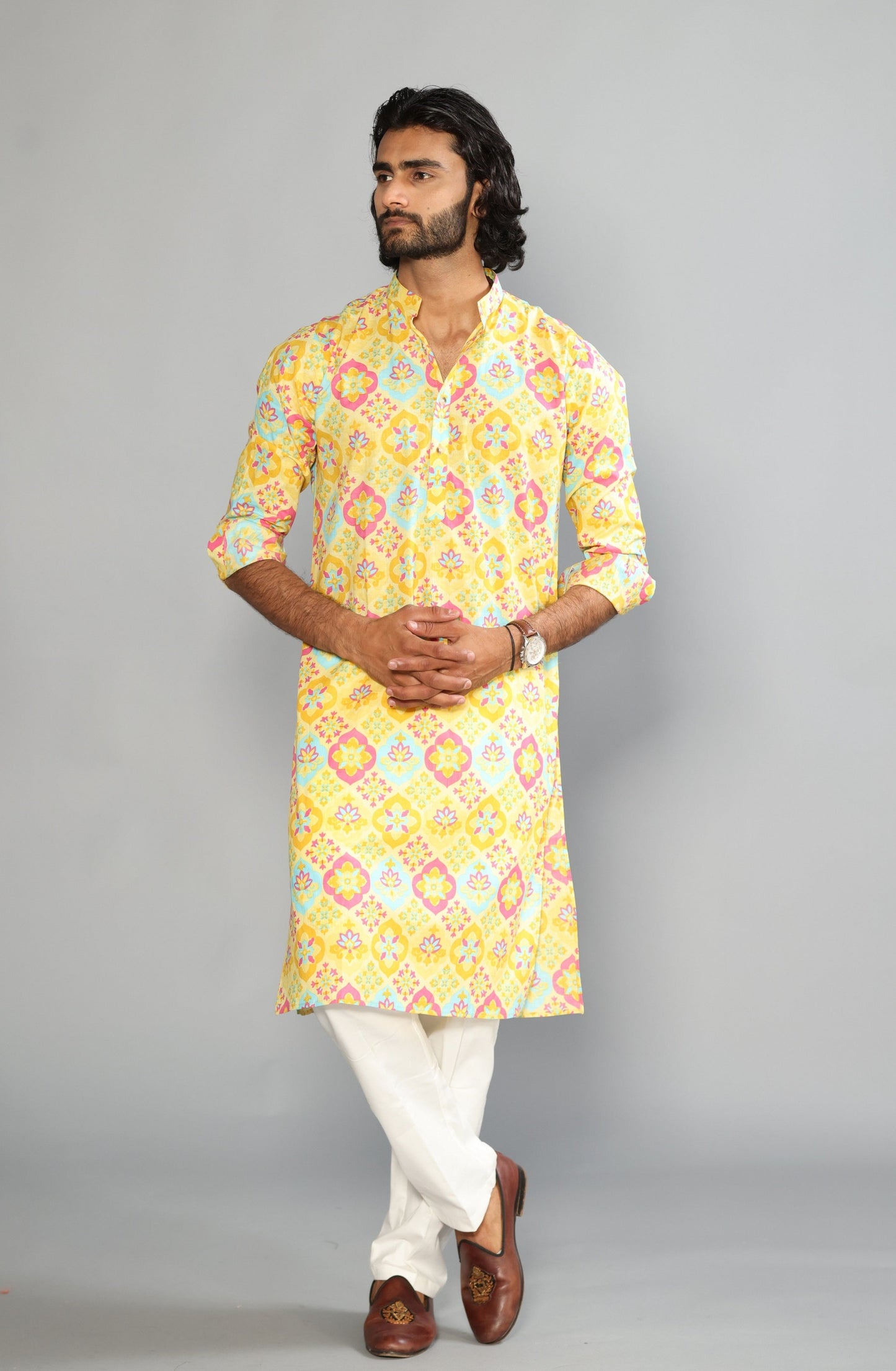 Minion Yellow Sanganeri Baraque Printed Kurta With White Pyjama