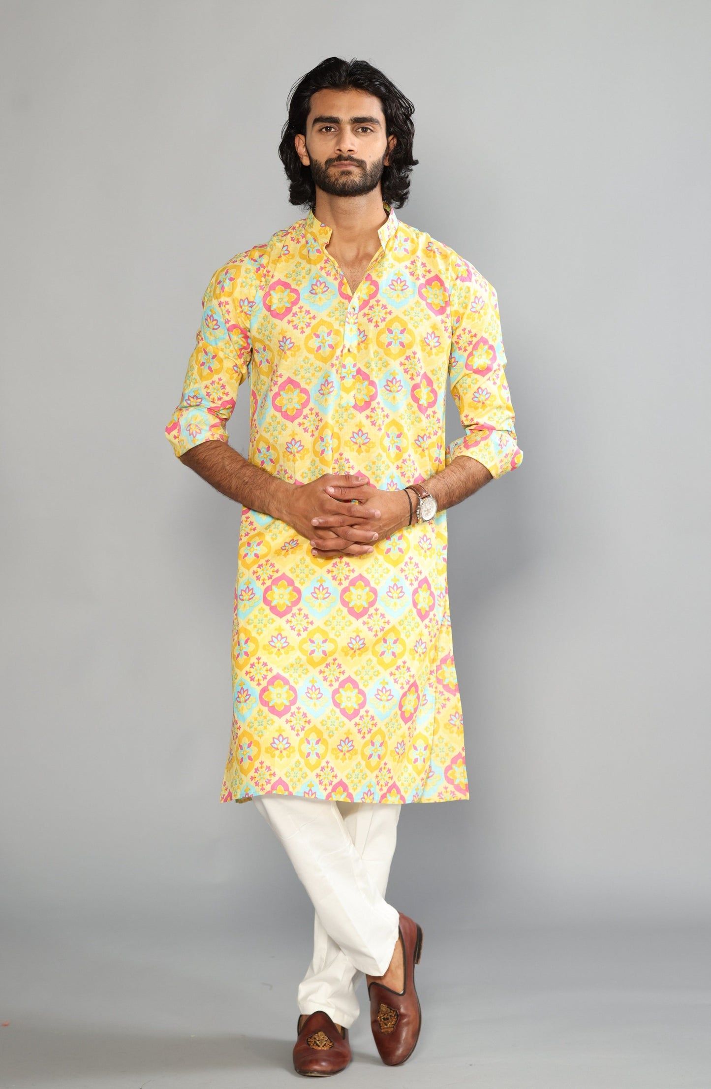 Minion Yellow Sanganeri Baraque Printed Kurta With White Pyjama