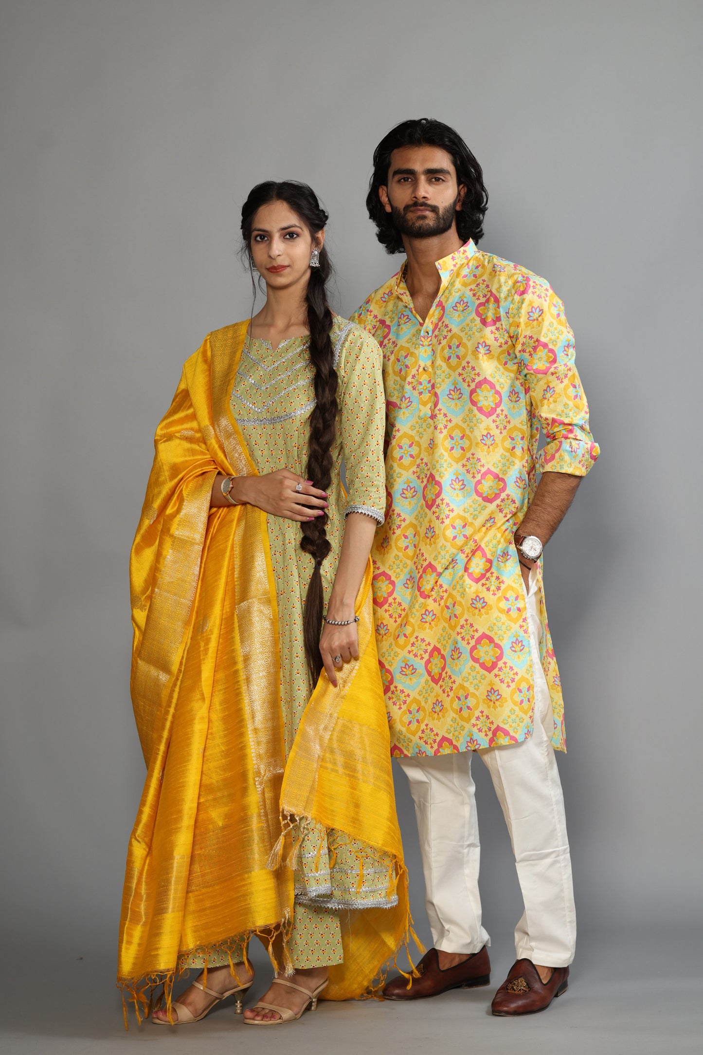 Minion Yellow Sanganeri Baraque Printed Kurta With White Pyjama