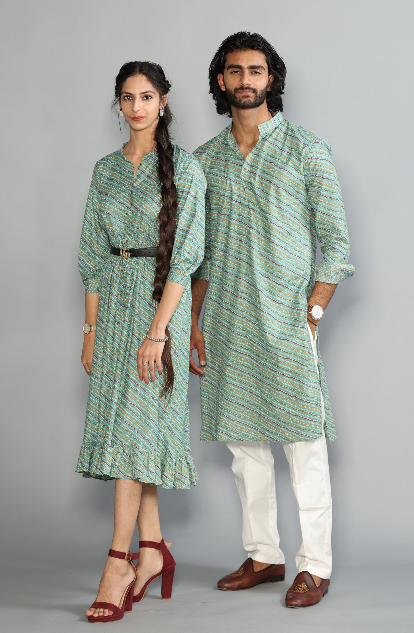 Aqua Green Leheriya Bandhej Jaipuri Printed Kurta Pyjama Set