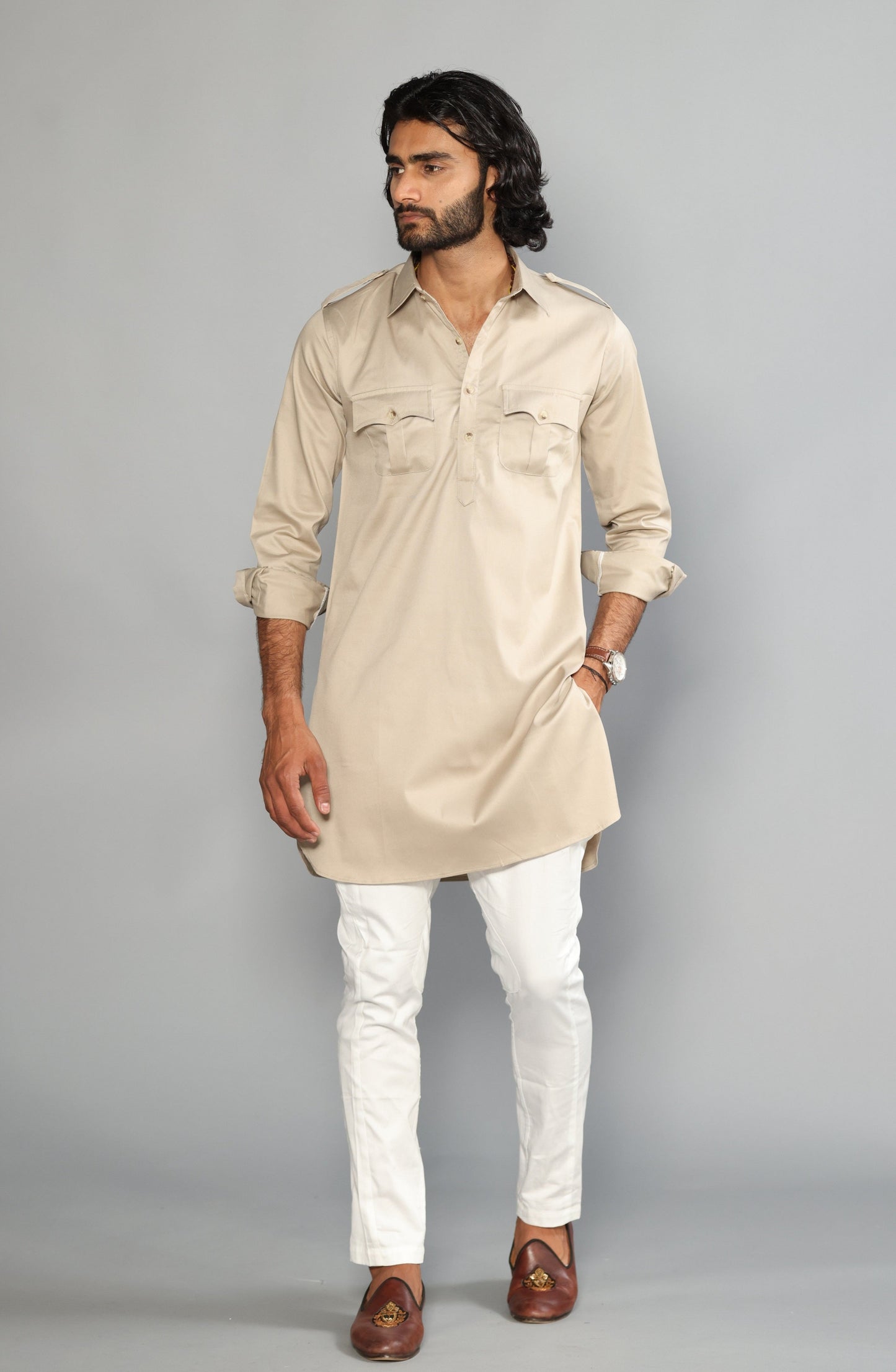 Beige Color Hunting Kurta Pajama
