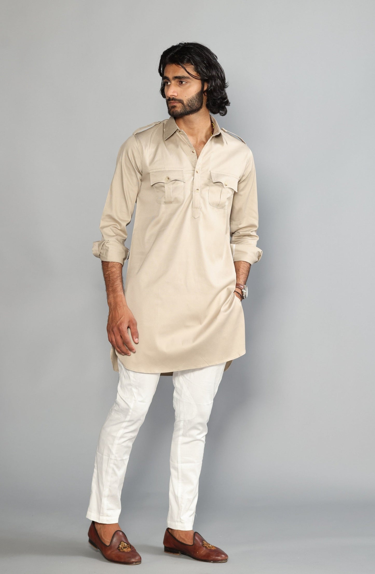 Beige Color Hunting Kurta Pajama