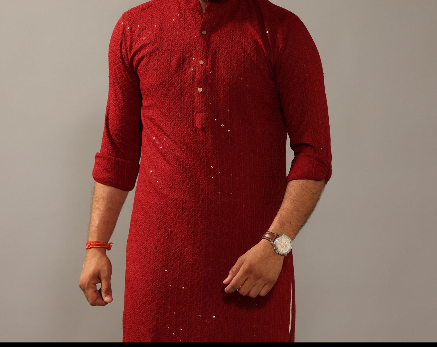 Handmade Ruby Red Chikankaari Embroidered Kurta Pajama Set