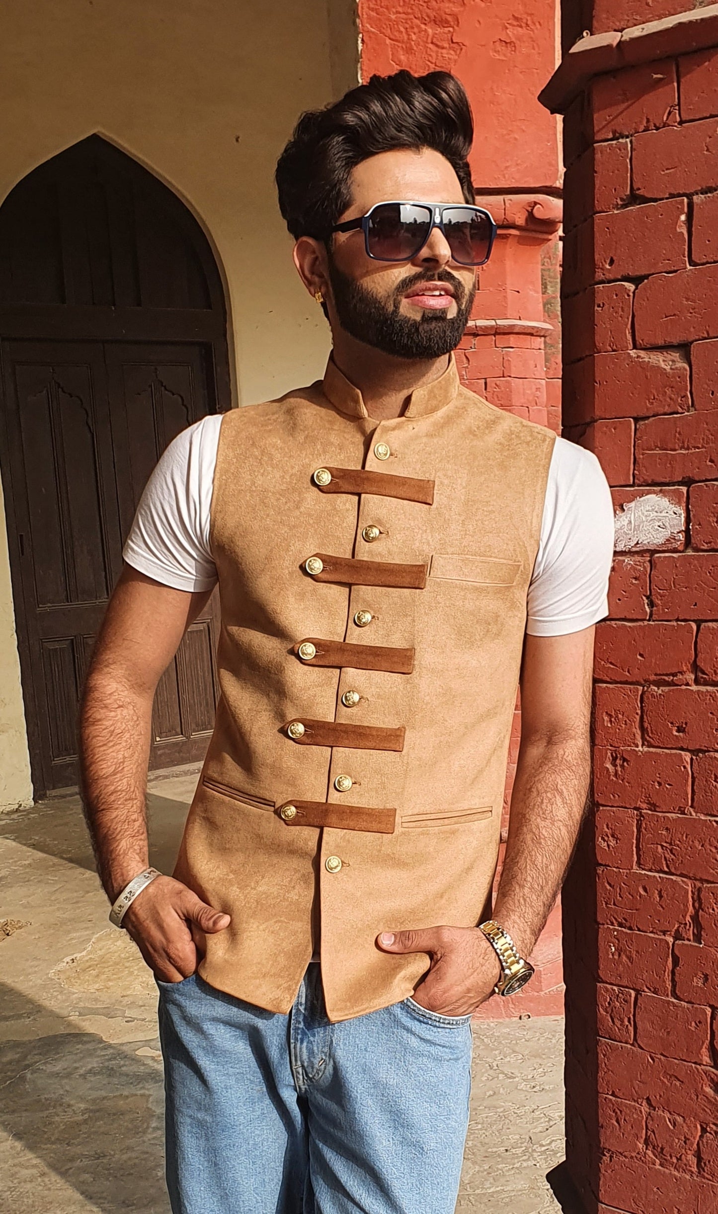 Wheat Brown Cross-Breasted Suede Leather Half Jacket