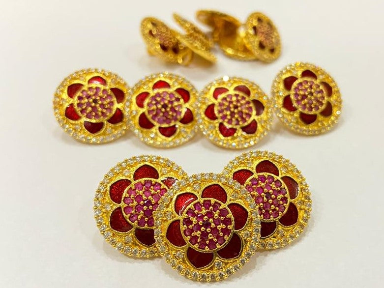 Handmade Red Moghul Flower White Motif Border Buttons