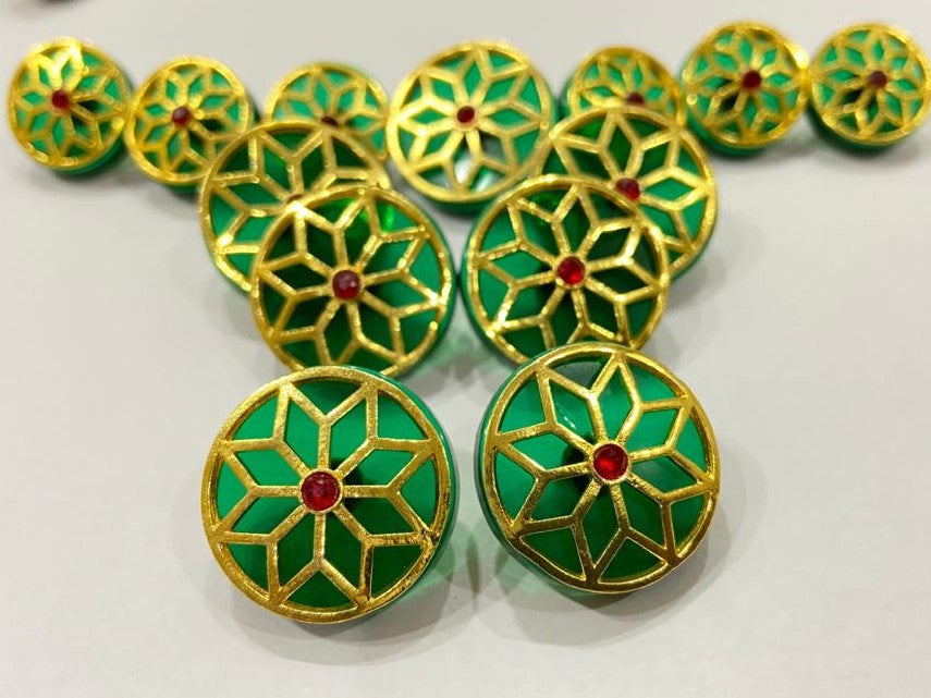 Handmade Green Lily Red stone Golden Border Buttons