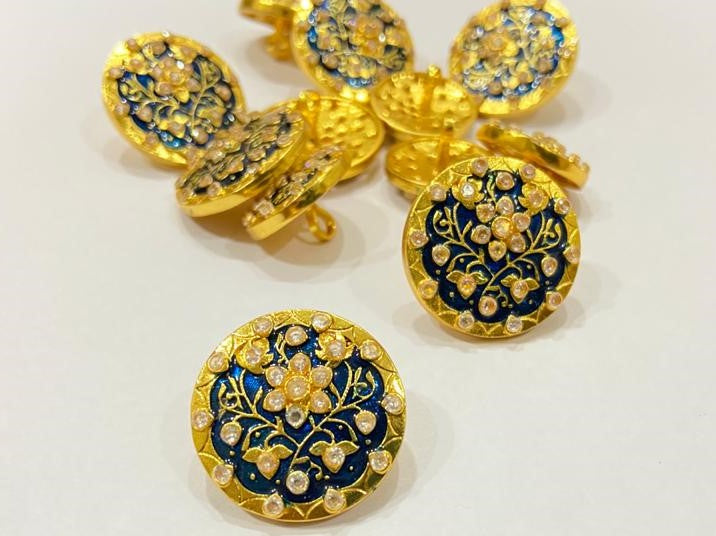 Handmade Blue Meena Base Golden Flower Buttons