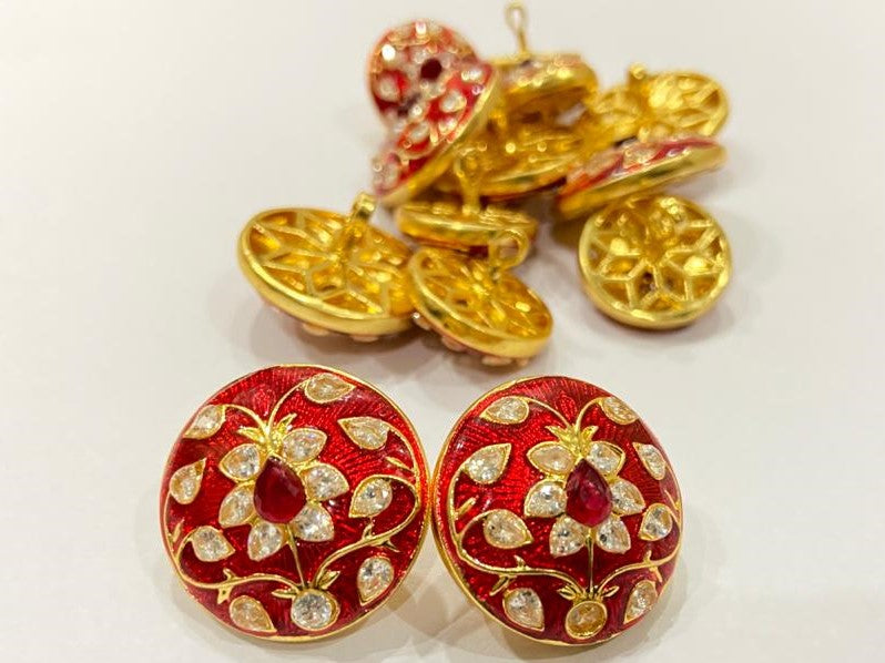 Handmade Red Meena White Motif Flower Buttons