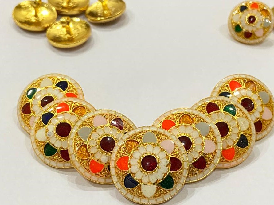 Handmade White Meena Bordered Multicolored Flower Buttons