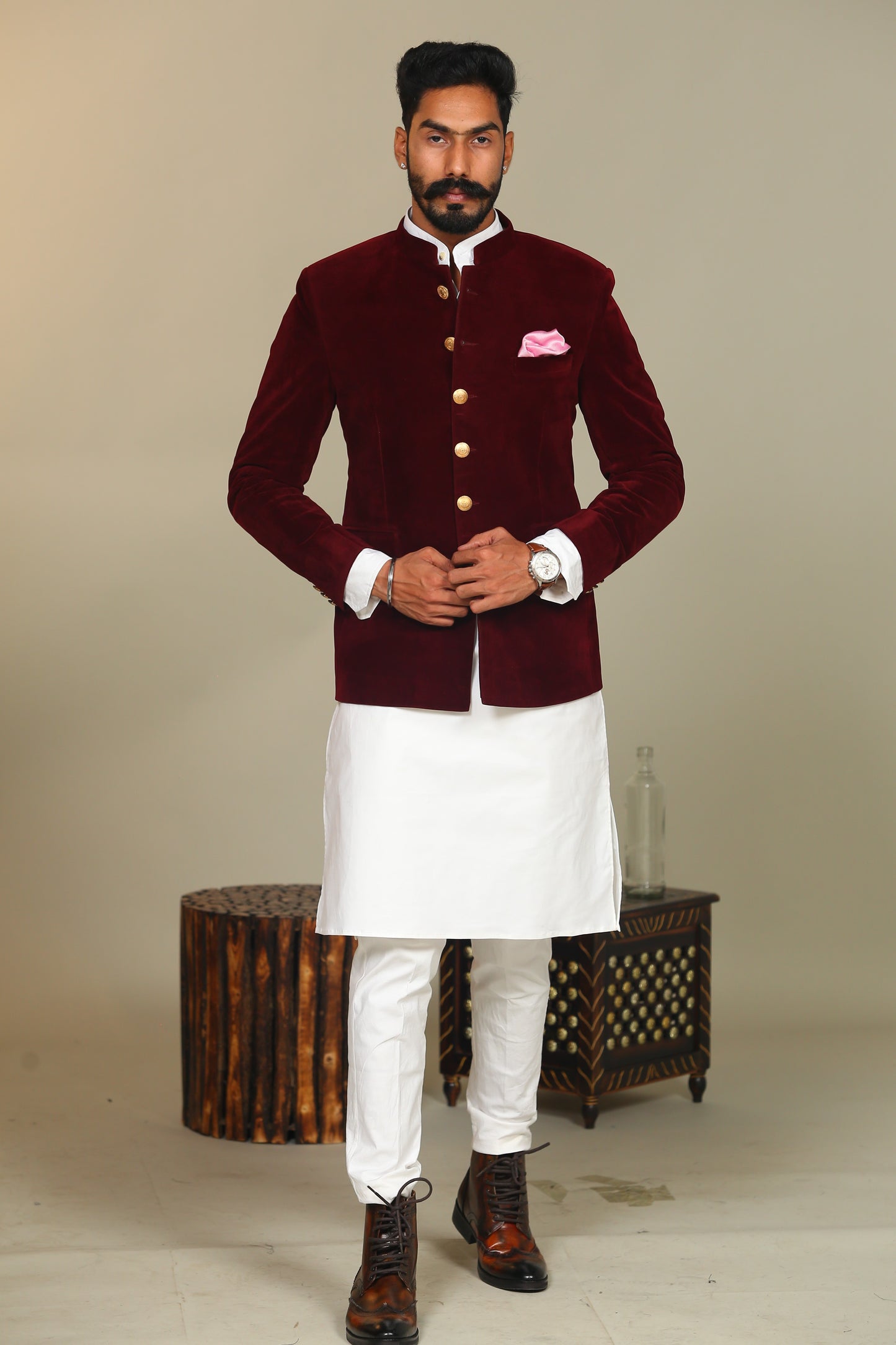 Maroon  Color Velvet Blazer With White Kurta Pajama Set