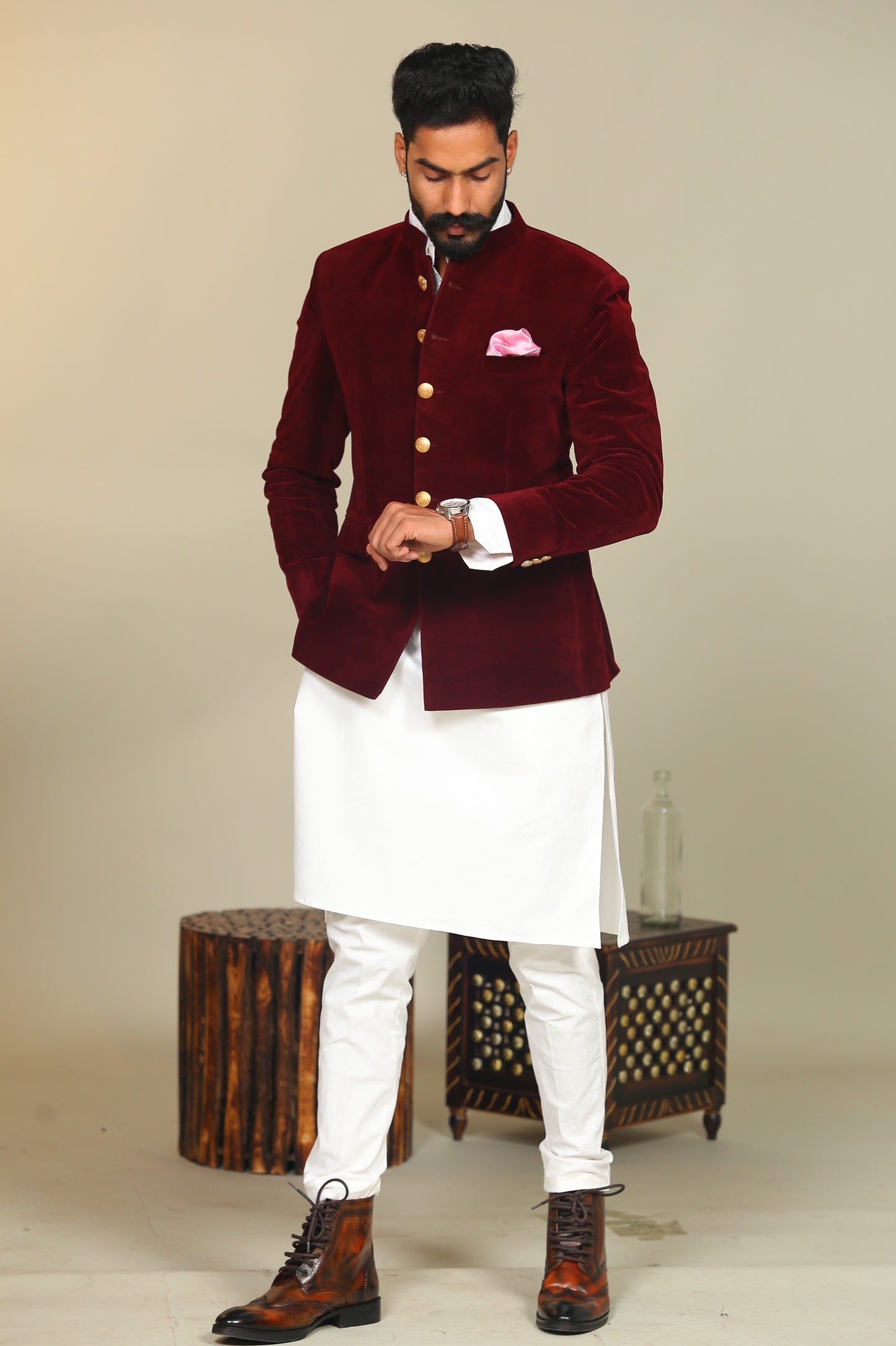 Maroon  Color Velvet Blazer With White Kurta Pajama Set