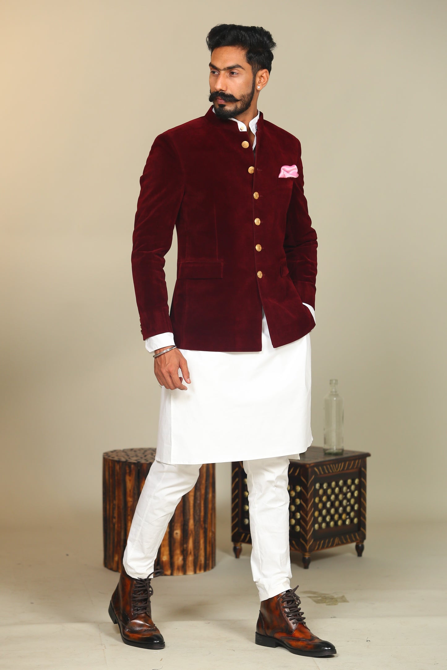 Maroon  Color Velvet Blazer With White Kurta Pajama Set