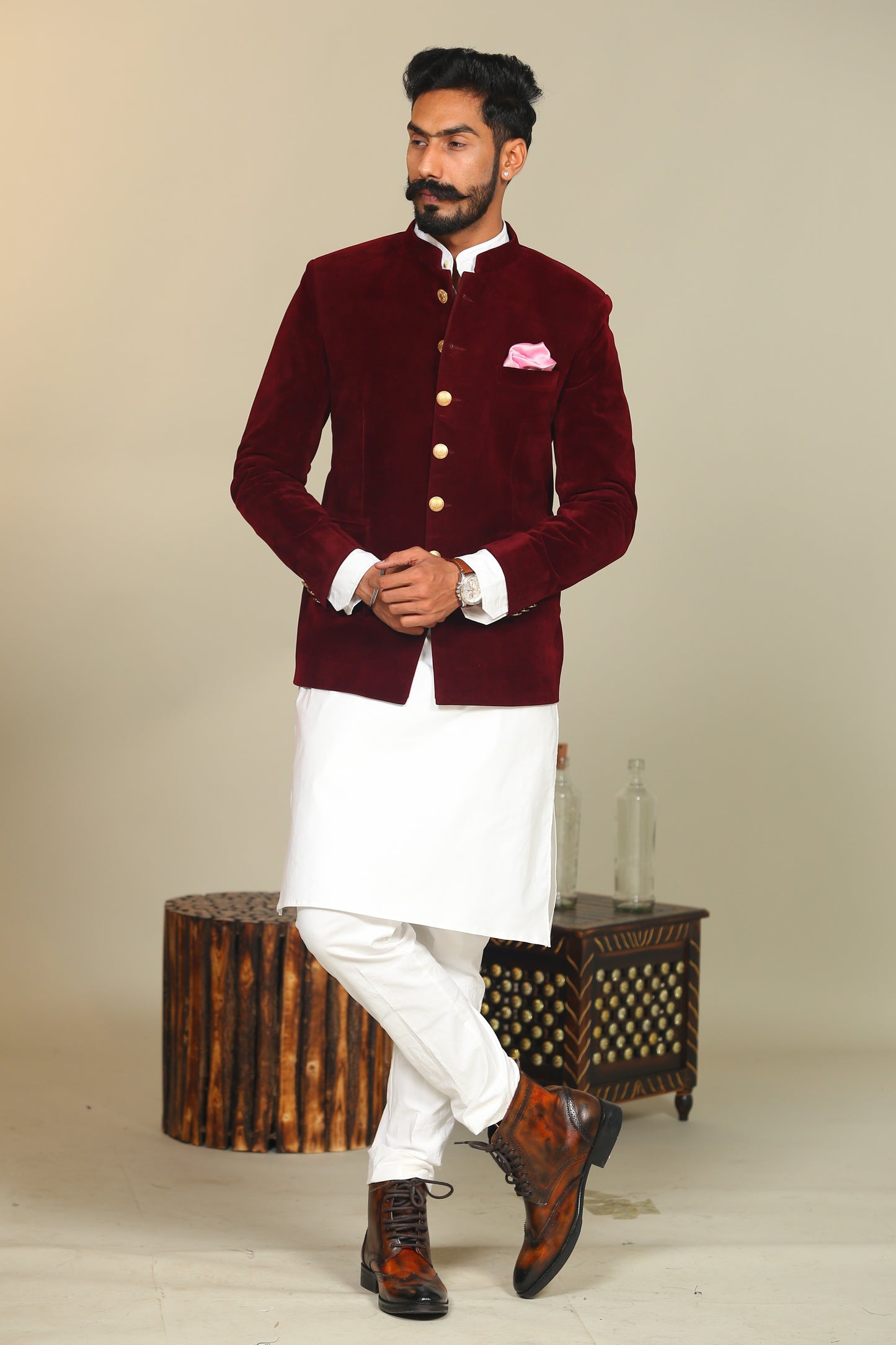 Maroon  Color Velvet Blazer With White Kurta Pajama Set