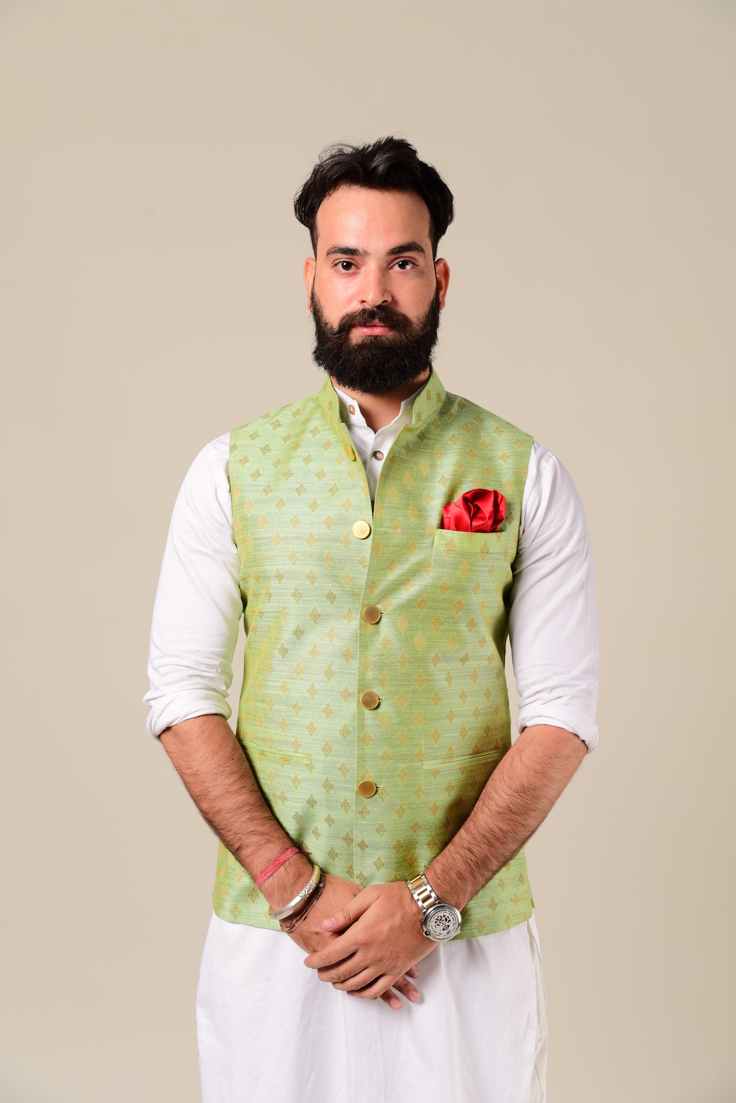 Handmade Brocade Silk Green Color Nehru Jacket With Kurta Pajama Set