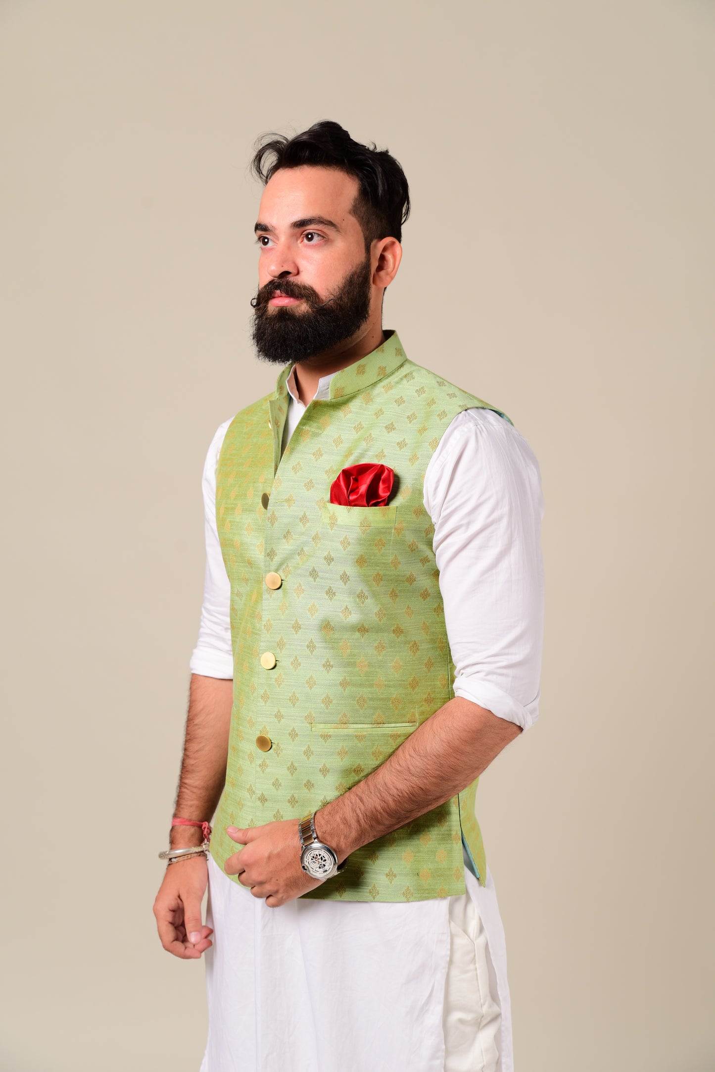 Handmade Brocade Silk Green Color Nehru Jacket With Kurta Pajama Set