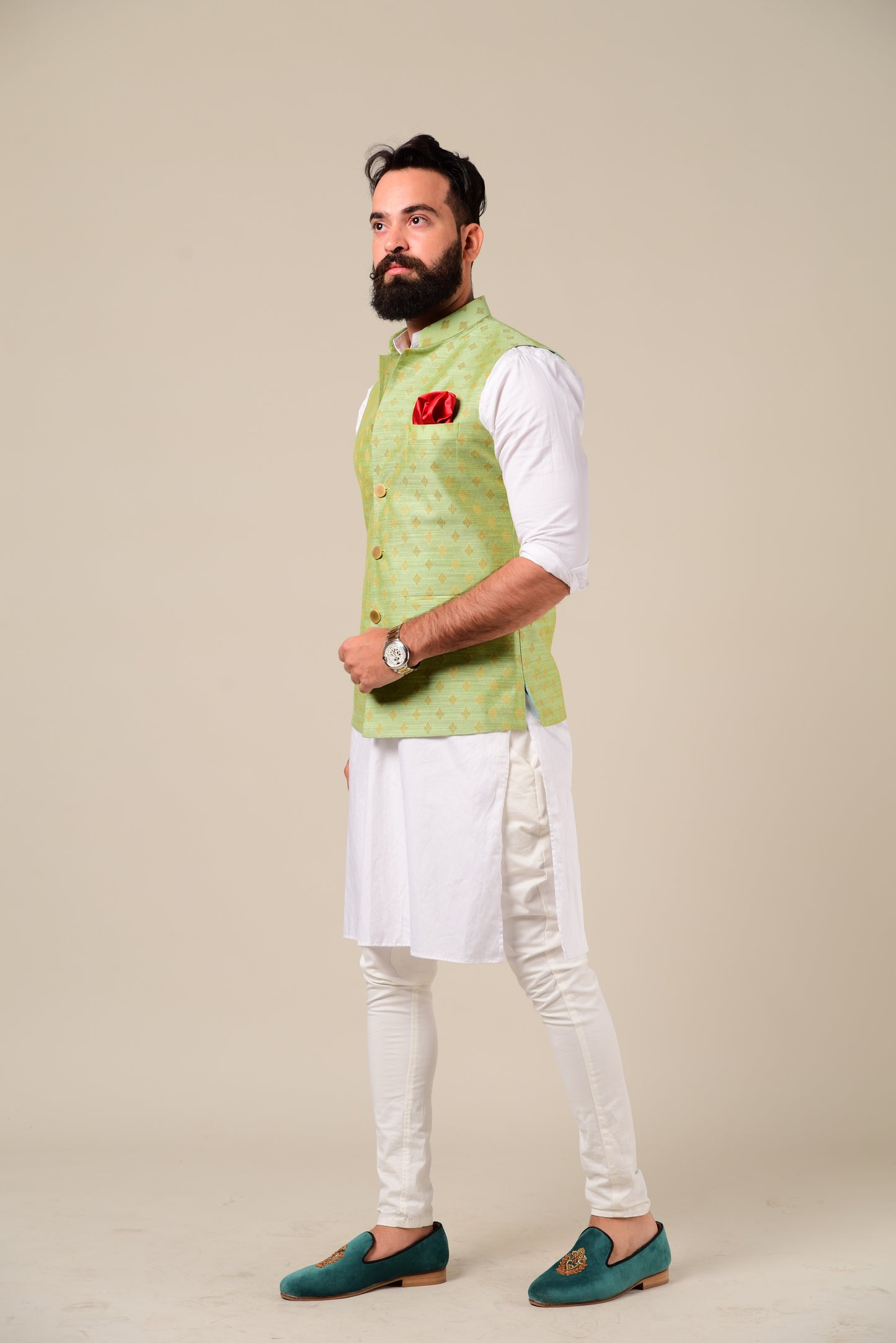 Handmade Brocade Silk Green Color Nehru Jacket With Kurta Pajama Set