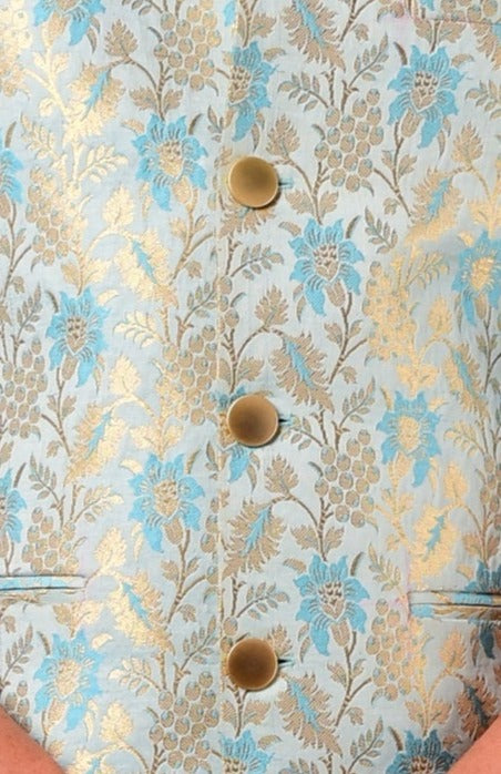 Handmade Sky Blue-Golden Brocade Silk Jodhpuri Half Jacket with Kurta Pajama Set