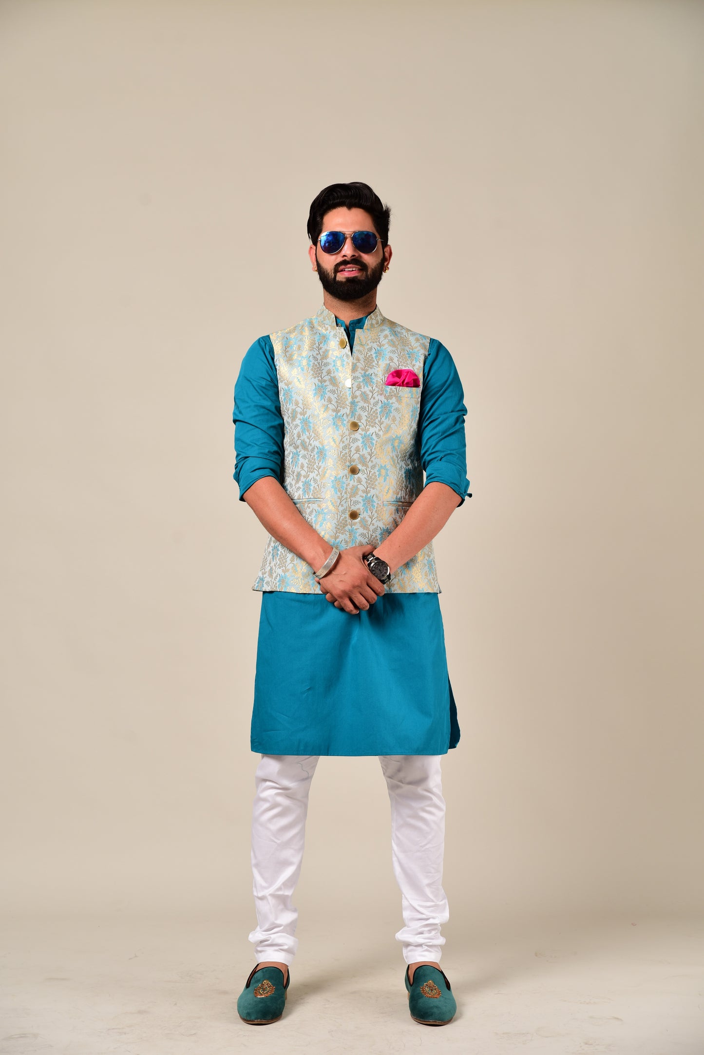 Handmade Sky Blue-Golden Brocade Silk Jodhpuri Half Jacket with Kurta Pajama Set