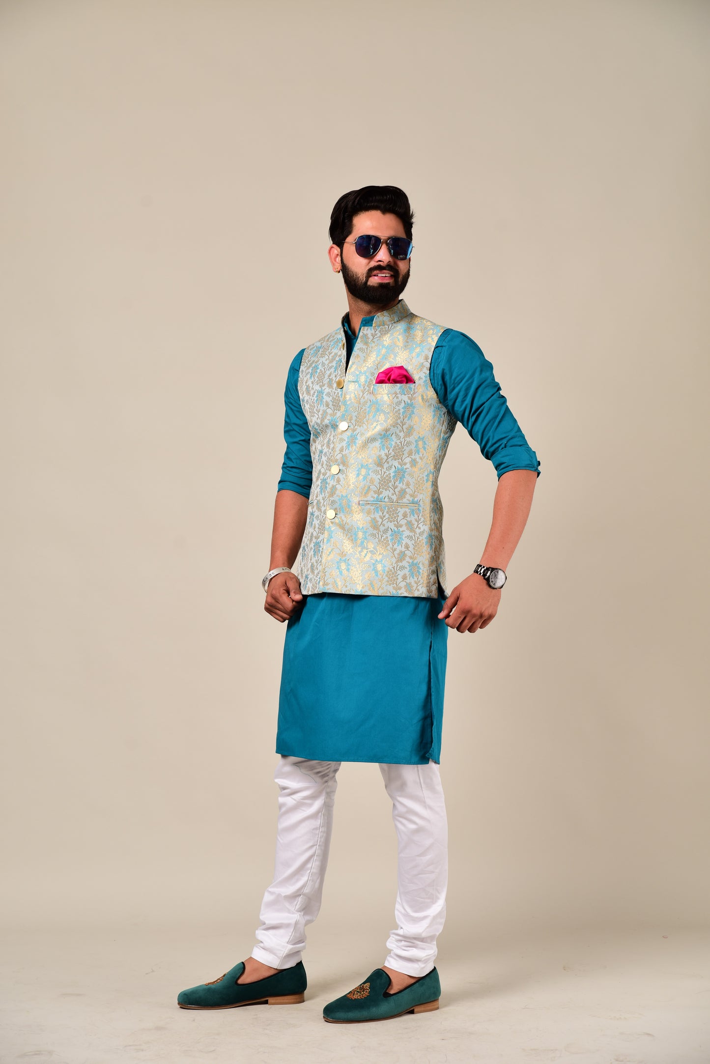 Handmade Sky Blue-Golden Brocade Silk Jodhpuri Half Jacket with Kurta Pajama Set