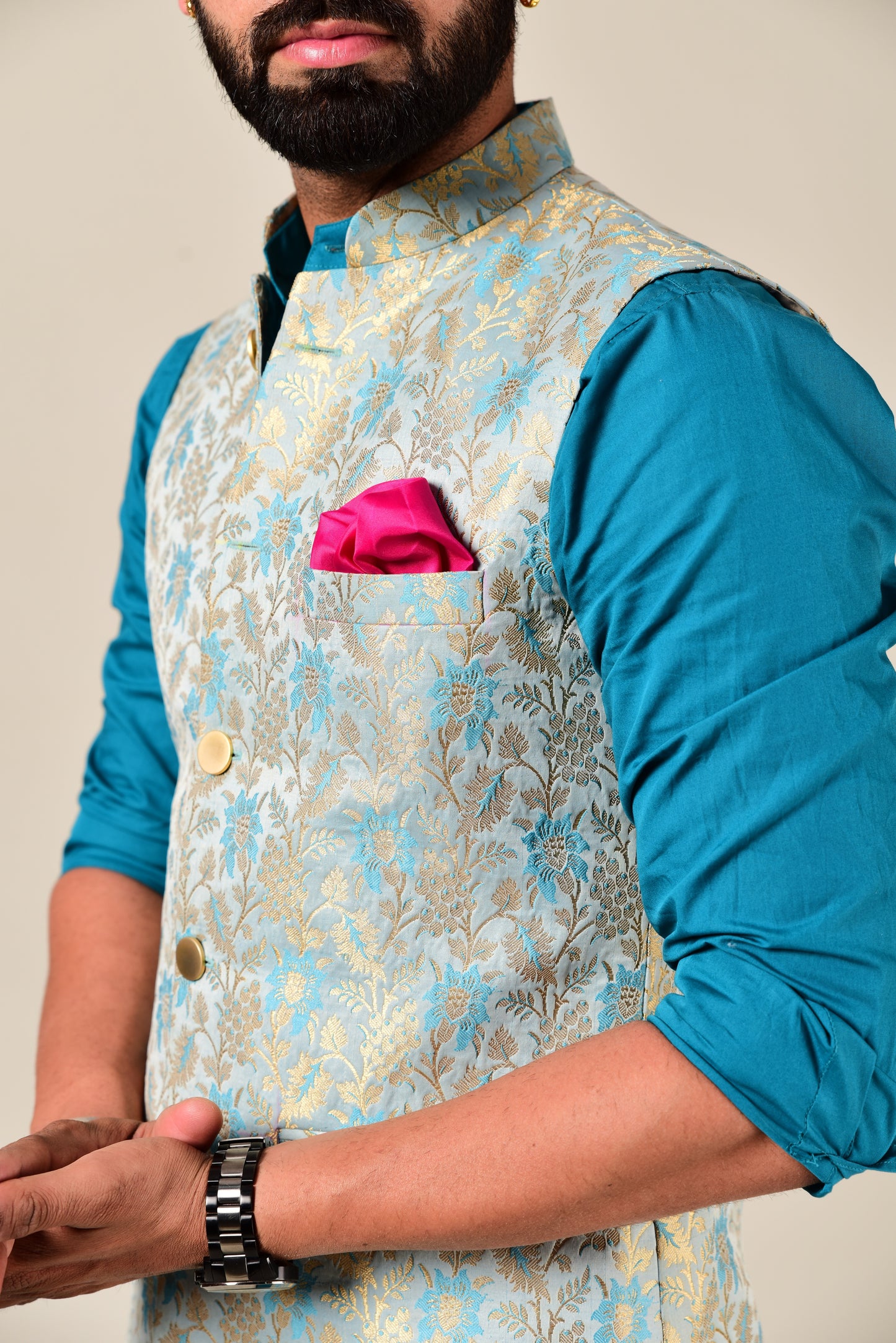 Handmade Sky Blue-Golden Brocade Silk Jodhpuri Half Jacket with Kurta Pajama Set