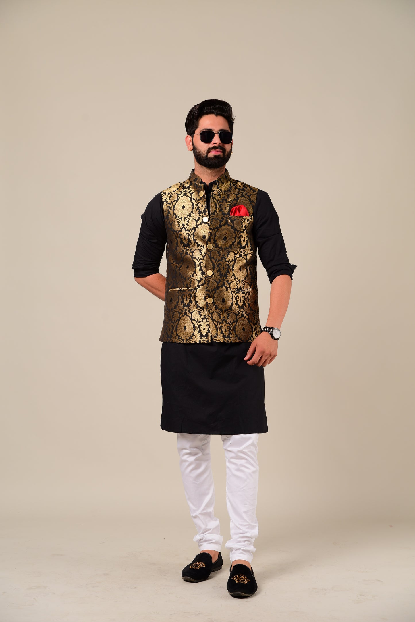 Punjabi Style Black Kurta Pajama with Black Golden Nehru Jacket Set
