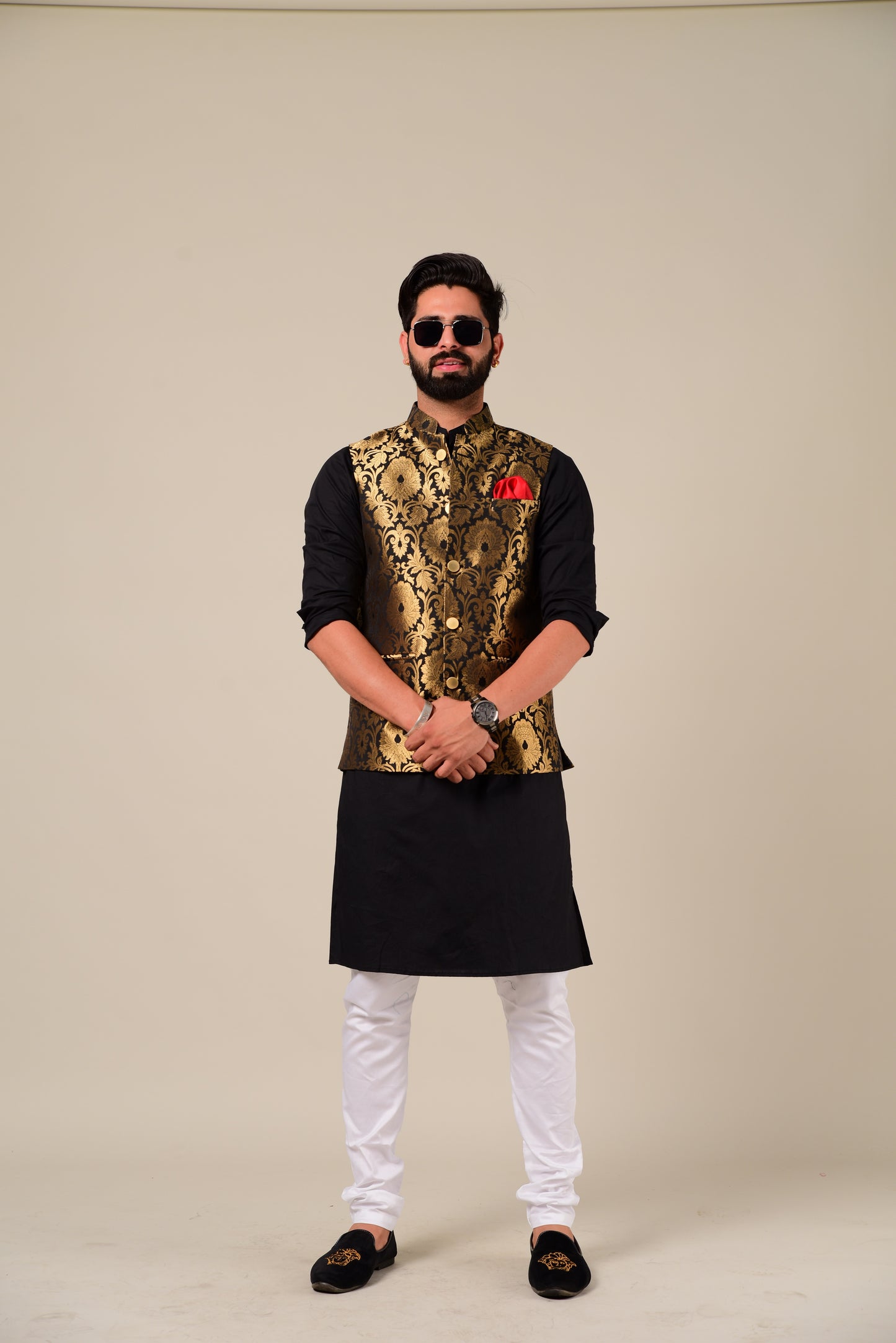 Punjabi Style Black Kurta Pajama with Black Golden Nehru Jacket Set