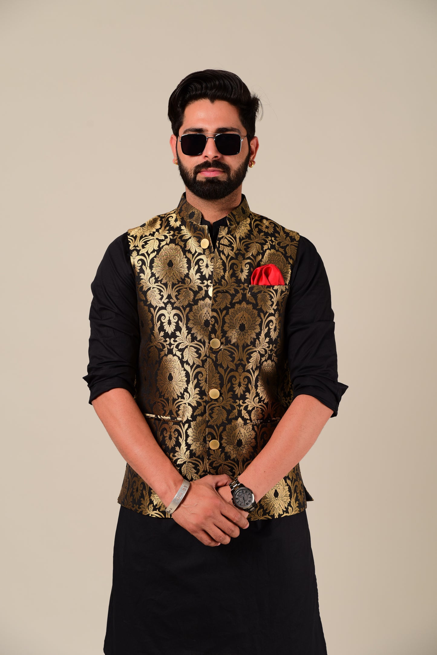 Punjabi Style Black Kurta Pajama with Black Golden Nehru Jacket Set