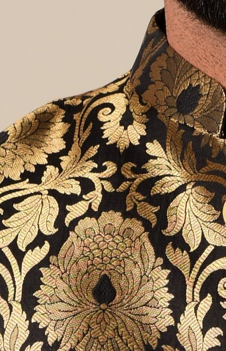 Punjabi Style Black Kurta Pajama with Black Golden Nehru Jacket Set