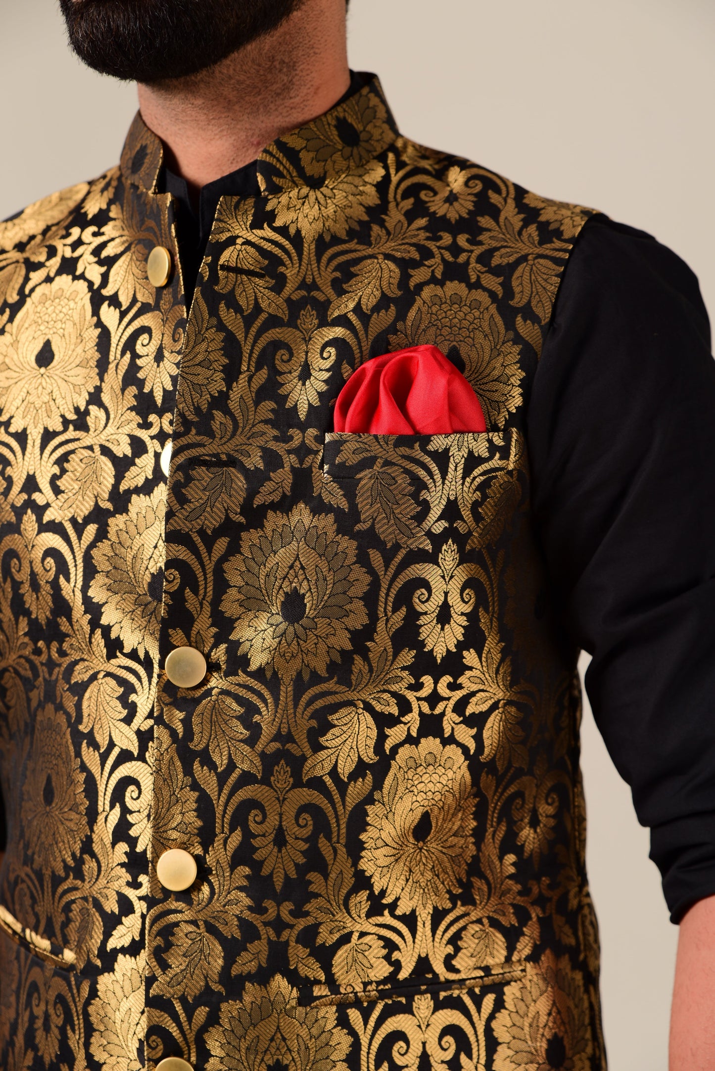 Punjabi Style Black Kurta Pajama with Black Golden Nehru Jacket Set