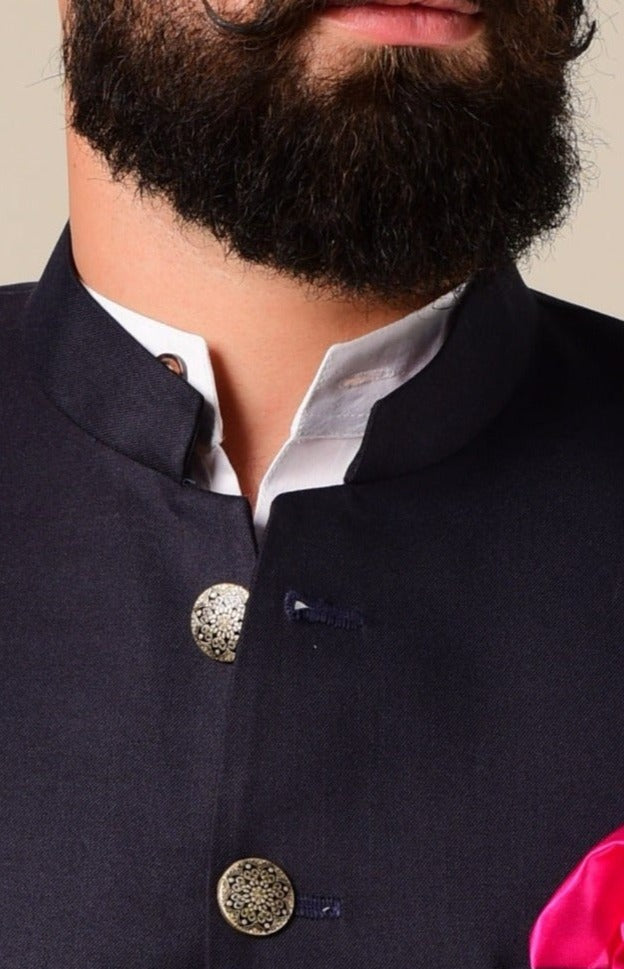 Navy Blue Indian Bandhgala Jodhpuri Blazer with Kurta Pajama Set,