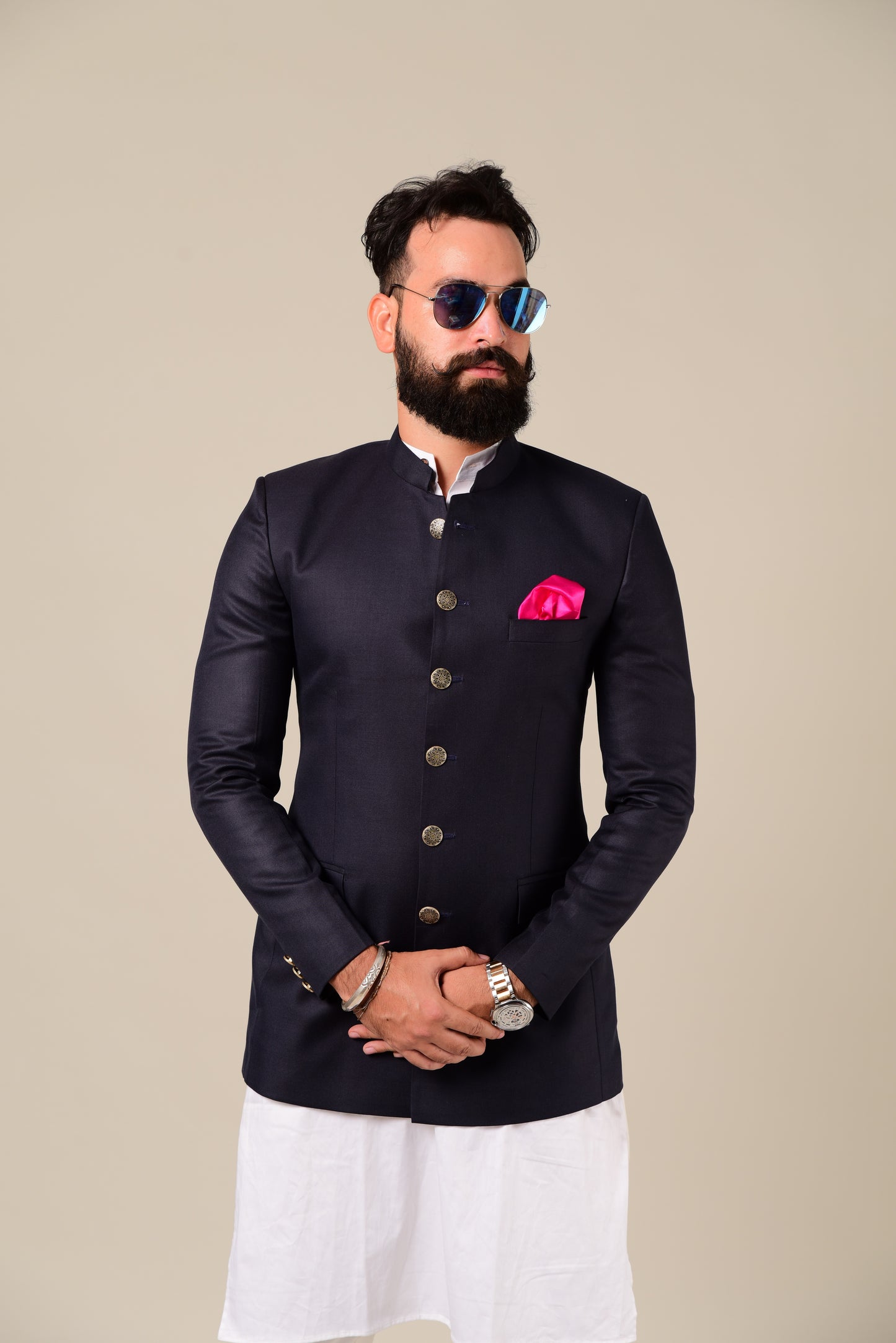 Navy Blue Indian Bandhgala Jodhpuri Blazer with Kurta Pajama Set,