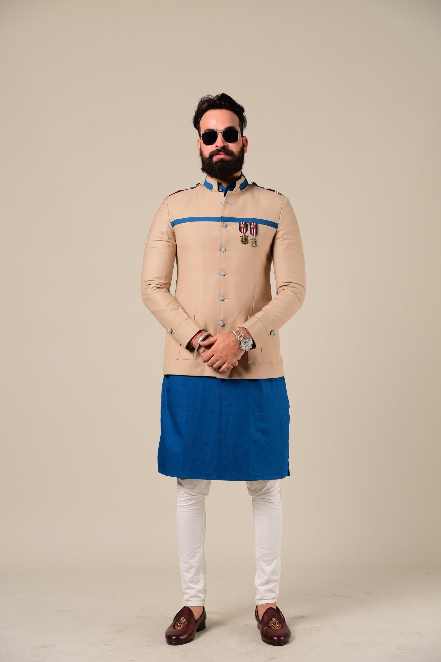 Fawn & Cerulean Color Bandhgala Jacket With Kurta Pajama Set