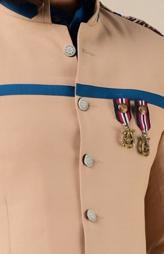 Fawn & Cerulean Color Bandhgala Jacket With Kurta Pajama Set