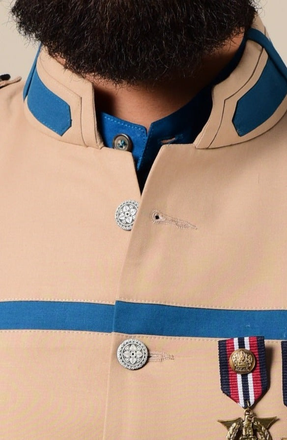 Fawn & Cerulean Color Bandhgala Jacket With Kurta Pajama Set